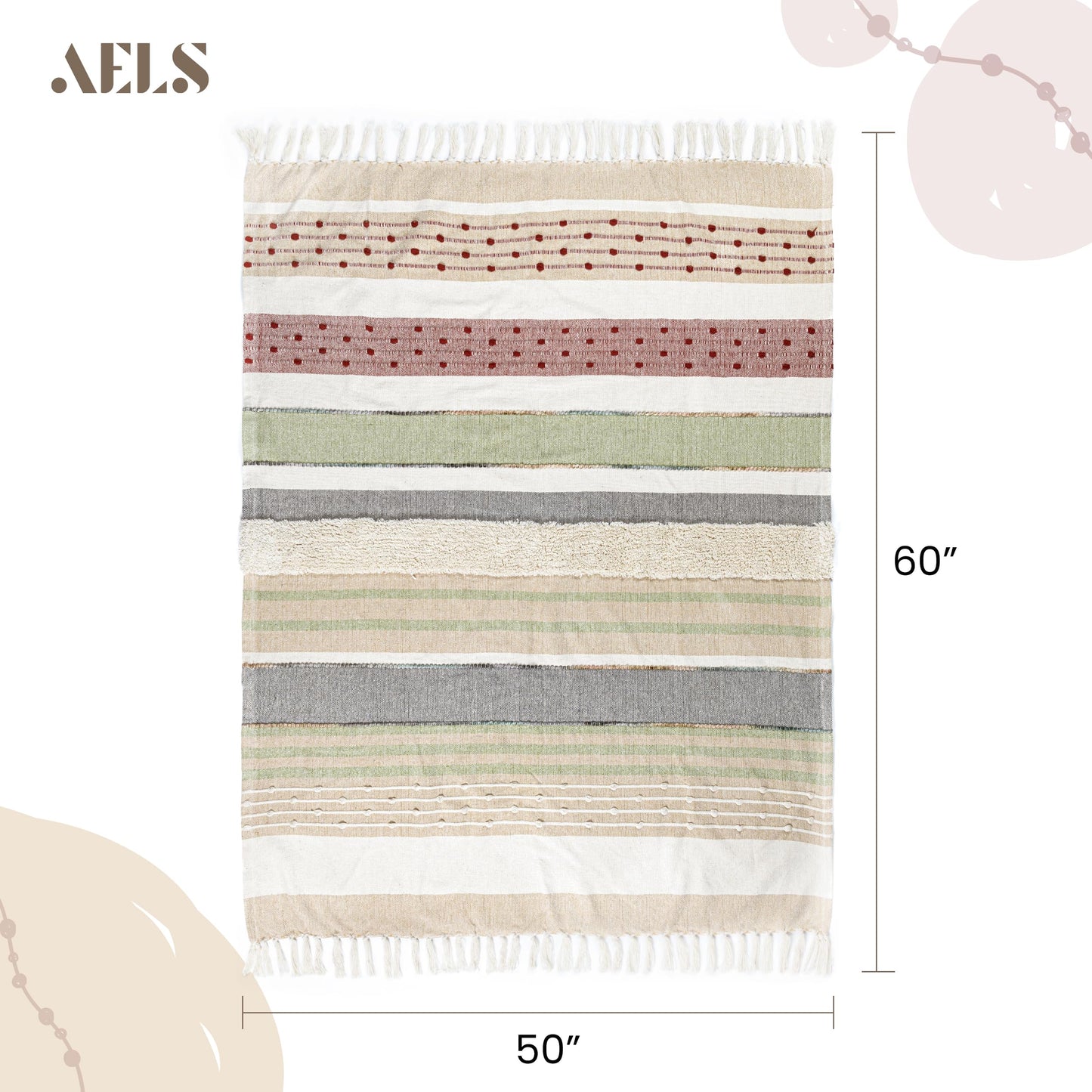 AELS Decorative Boho Striped Textured Throw Blanket with Fringes & Tassels 50" x 60" for Couch Sofa Bed, Mid Century Tufted Blanket, Beige & Sage Green, Fringed Bohimian Throw Blanket