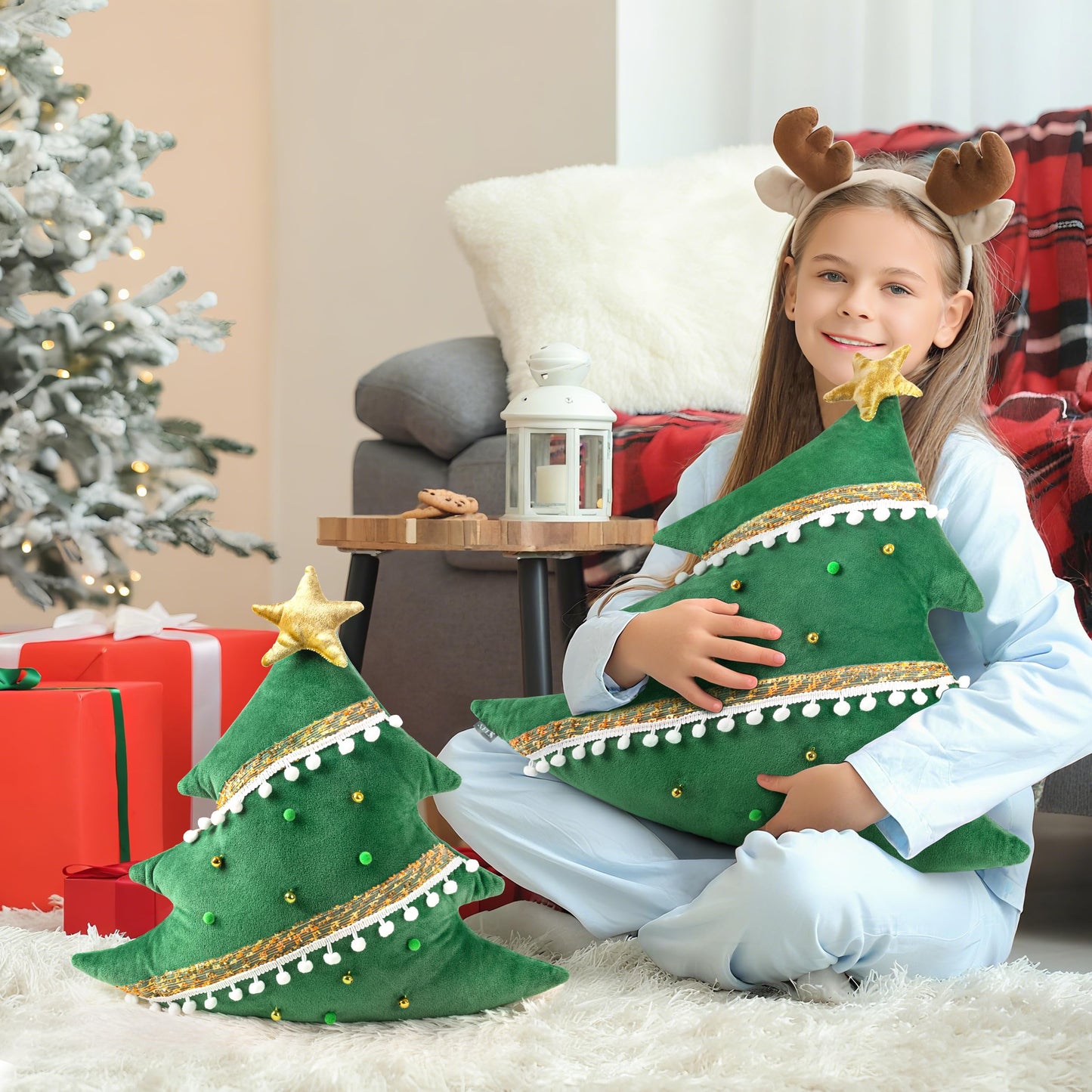 AELS Christmas Tree Decorative Throw Pillow, 19.6 & 15.7 Inch Holiday Throw Pillows for Christmas Decor, Plush Tree Shaped Decorative Pillows for Living Room Bedroom Sofa, Green