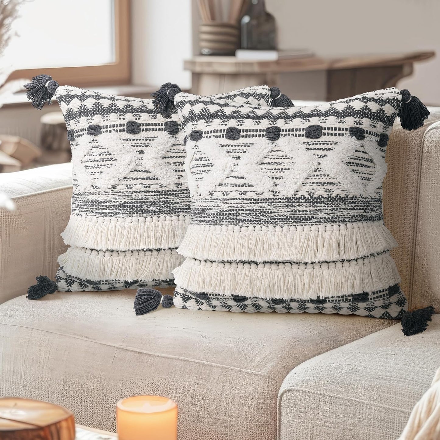 AELS Boho Decorative Throw Pillow Covers with Fringes and Tassels 18x18, Mid Century Tufted Accent Pillow Case, Woven Textured Modern Farmhouse Neutral Cushion Case for Bed Couch Sofa, Beige
