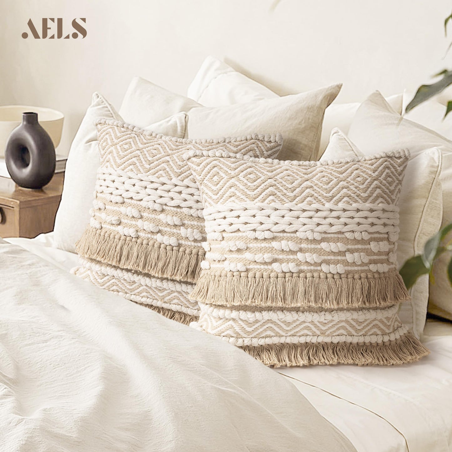 AELS Boho Decorative Striped Throw Pillow Covers with Fringe 18x18, Set of 2, Mid Century Tufted Accent Pillow Case, Woven Textured Modern Farmhouse Neutral Cushion Case for Bed Couch Sofa, Beige