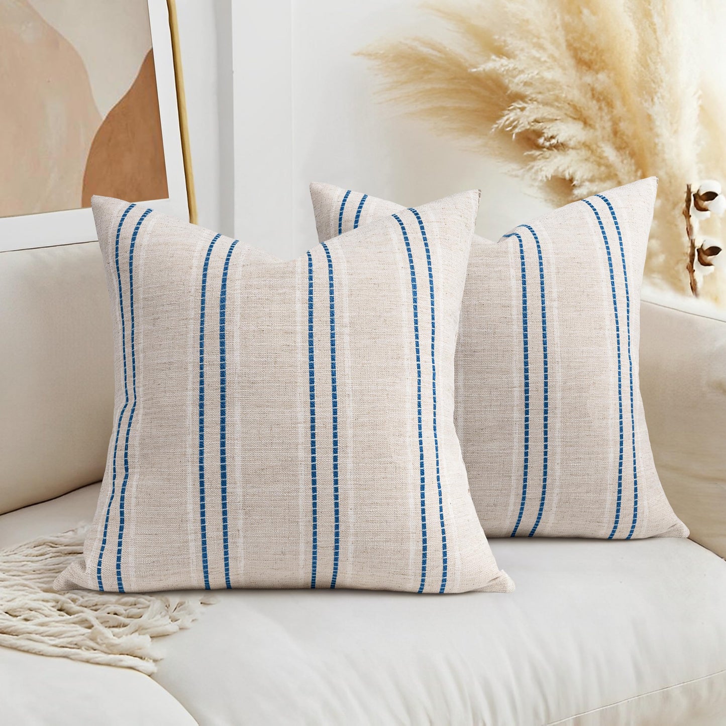 AELS 14x36 Decorative Lumbar Throw Pillow Covers, Farmhouse Linen Textured Long Pillow Case, Beige with White & Navy Blue Stitch Boho Cushion Cover for Couch Living Room (Cover ONLY)
