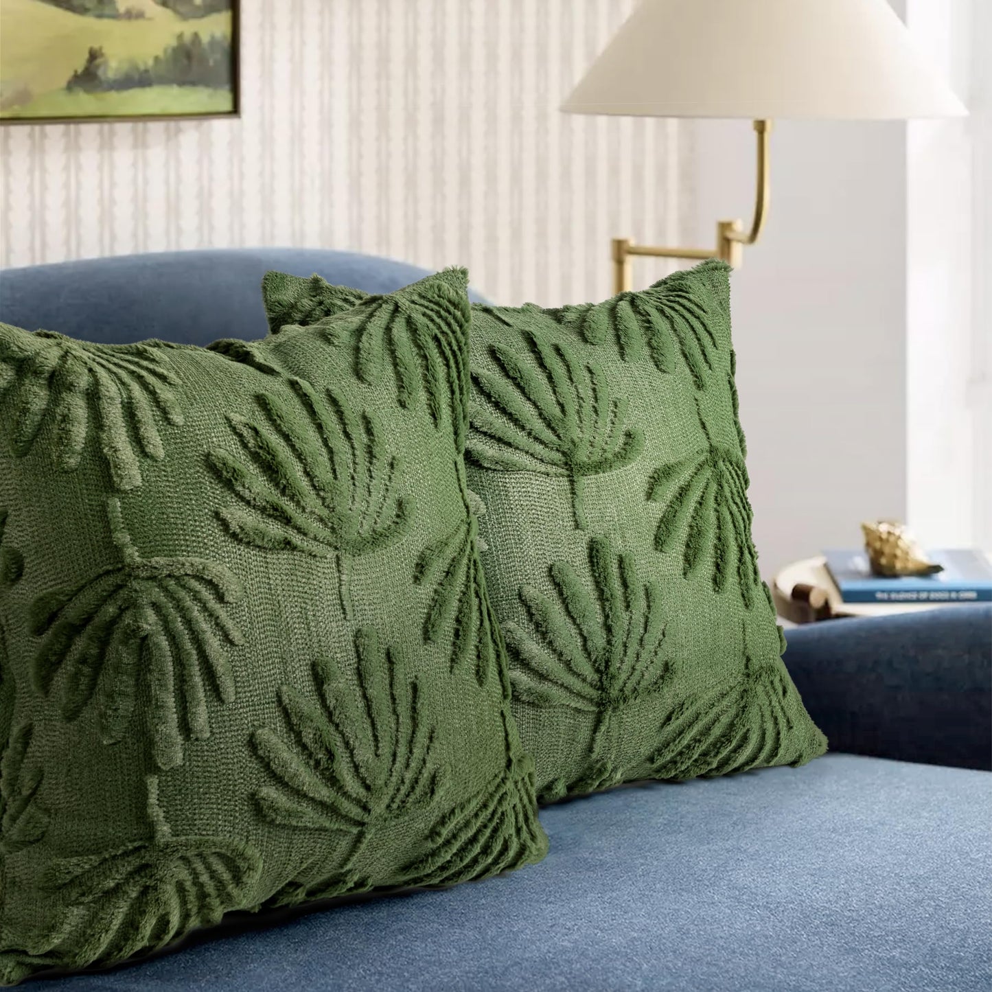 AELS Decorative Throw Pillow Covers 18x18, Set of 2, Modern Farmhouse Fan Palm Leaves Soft Plush Couch Pillow Case for Bed Couch Sofa, Green (Covers Only)