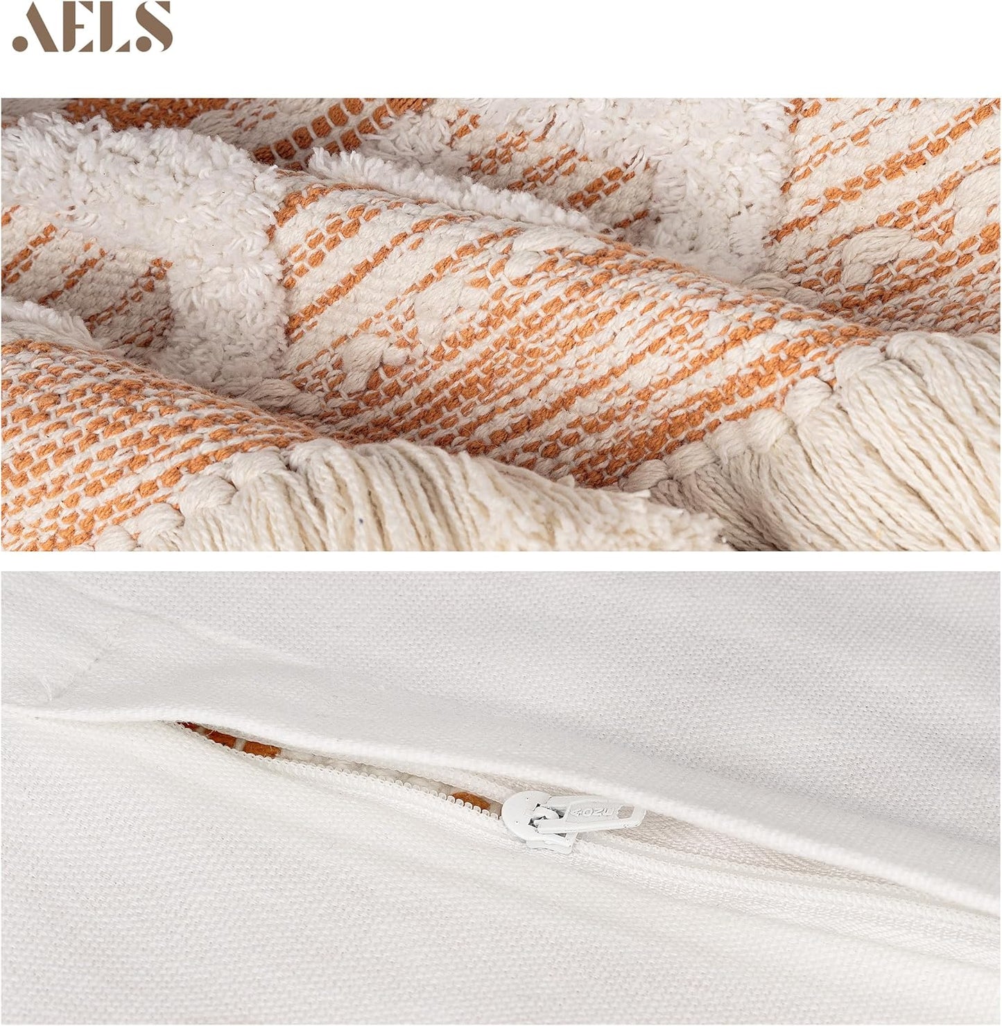 AELS Boho Decorative Throw Pillow Covers with Fringes and Tassels 18x18, Mid Century Tufted Accent Pillow Case, Woven Textured Modern Farmhouse Neutral Cushion Case for Bed Couch Sofa, Beige