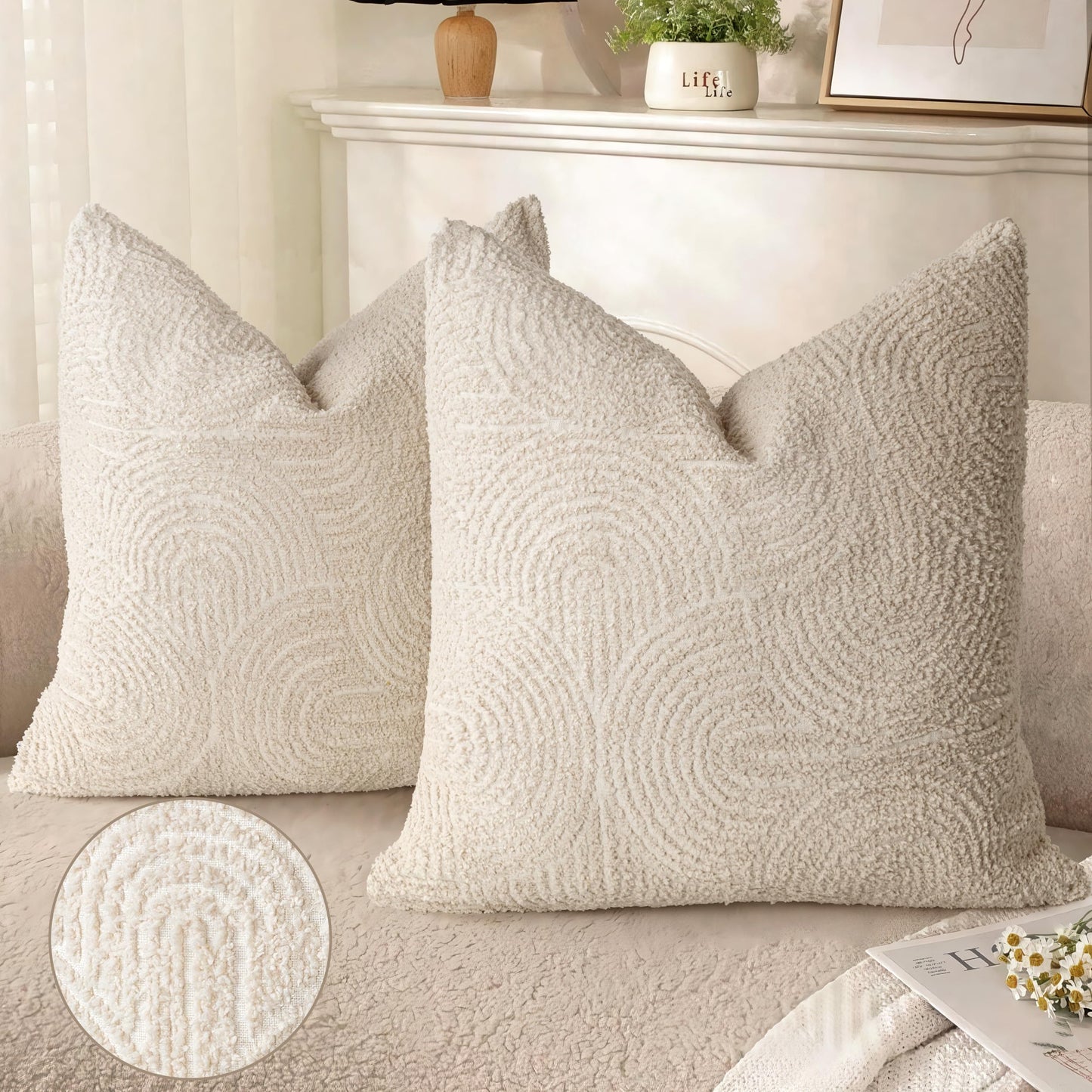 AELS Boho Decorative Textured Throw Pillow Covers 18x18, Modern Mid Century Rainbow Tufted Pillow Case, Farmhouse Rustic Geometric Woven Cushion Case for Bed Couch Sofa, Creamy White