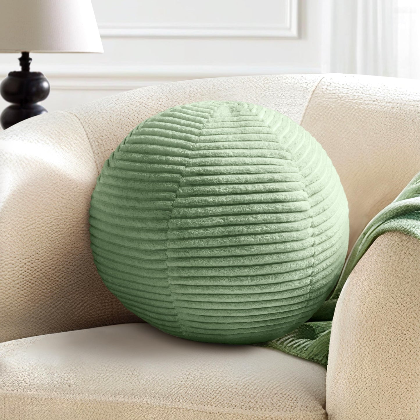 AELS Round Decorative Throw Pillows, Set of 2, 11.8"& 10" Corduroy Striped Ball Pillow Set for Couch Sofa Living Room Bedroom Nursery Decor, Mid Century Modern Home Decor, Sage Green