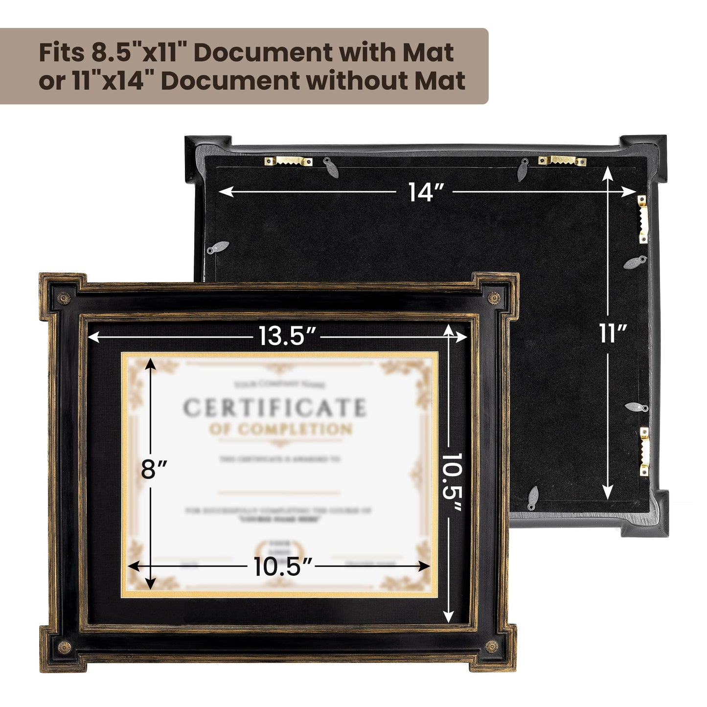 AELS 11" x 14" Diploma Frame for Wall and Tabletop Display, Vintage College Degree Document Certificate Frame with HD Glass, Fits 8.5" x 11" Certificates with Mat or 11" x 14" without Mat, Black with Gold Trim