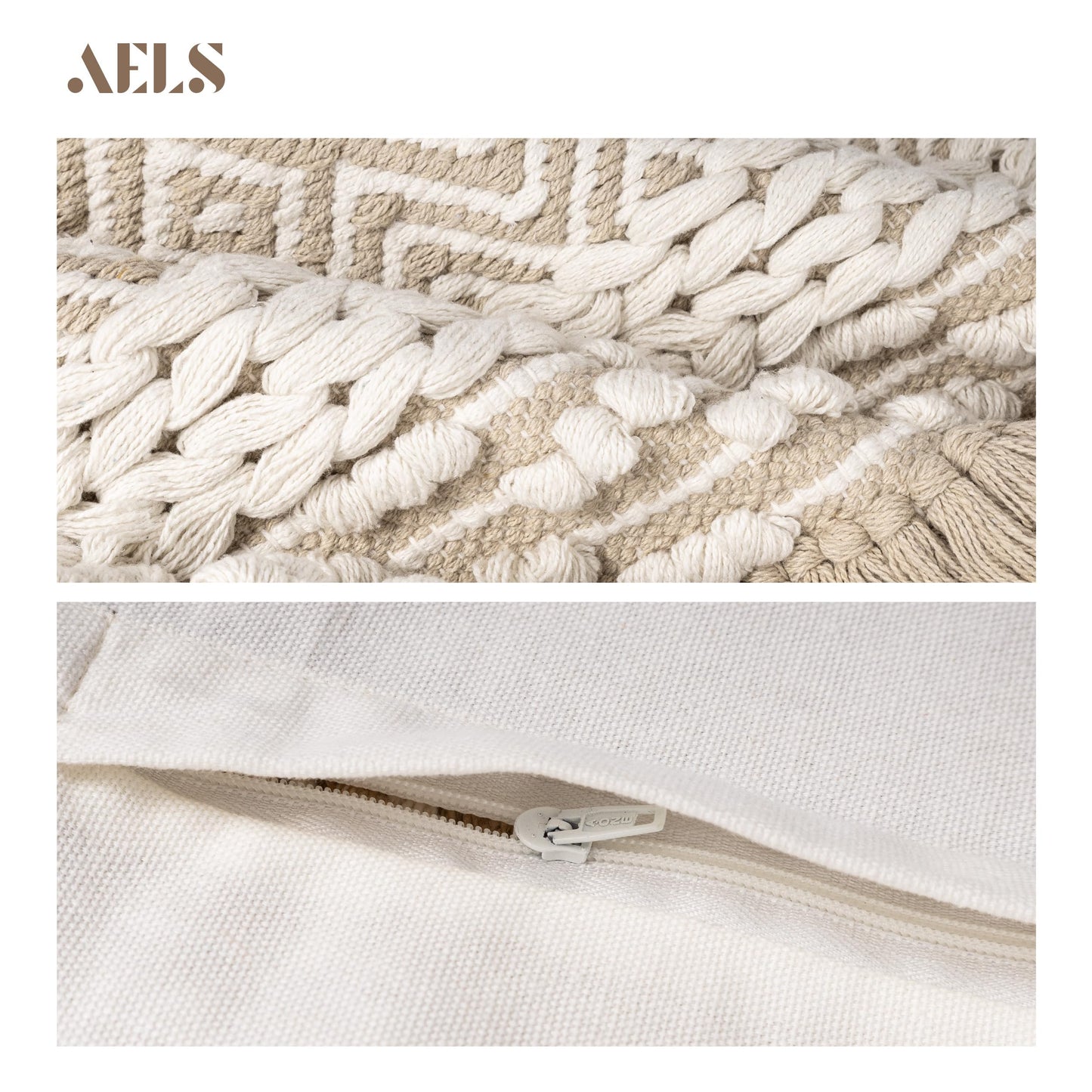 AELS Boho Decorative Striped Throw Pillow Covers with Fringe 18x18, Set of 2, Mid Century Tufted Accent Pillow Case, Woven Textured Modern Farmhouse Neutral Cushion Case for Bed Couch Sofa, Beige