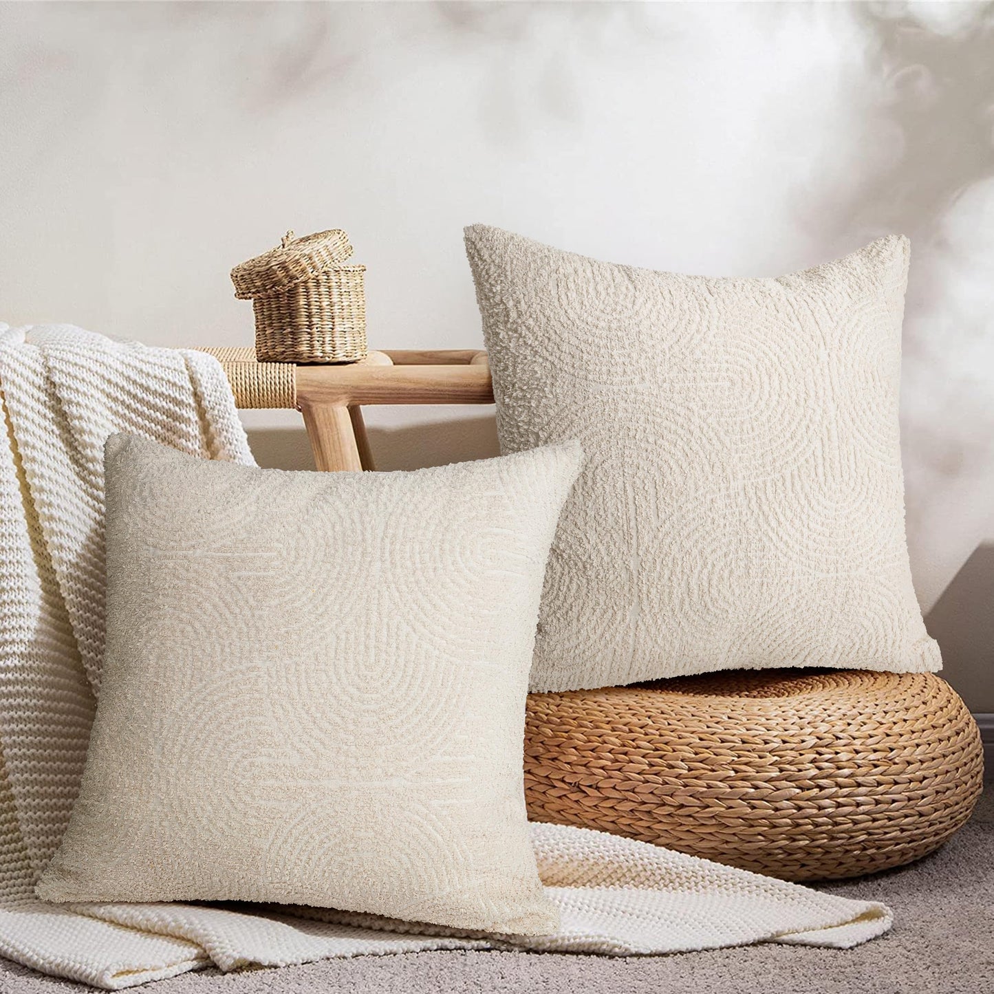 AELS Boho Decorative Textured Throw Pillow Covers 18x18, Modern Mid Century Rainbow Tufted Pillow Case, Farmhouse Rustic Geometric Woven Cushion Case for Bed Couch Sofa, Creamy White