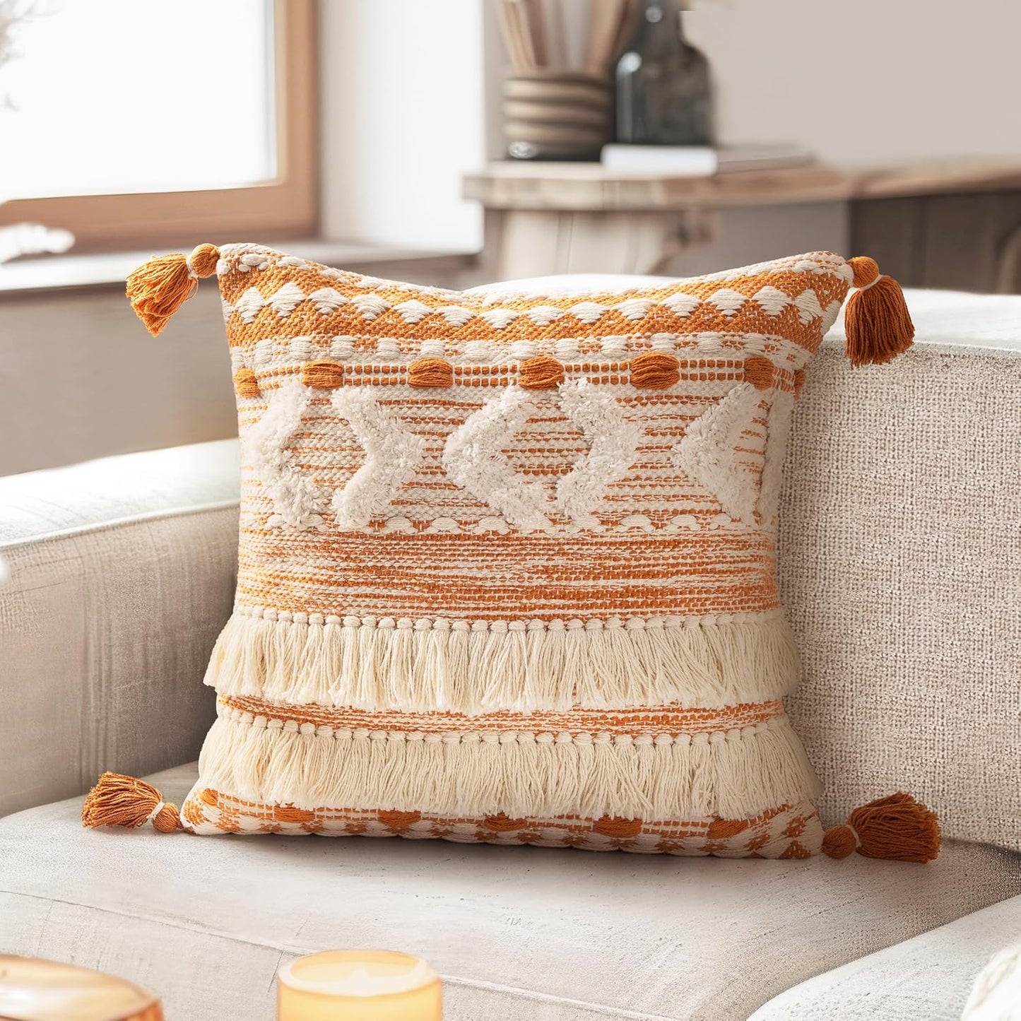 AELS Boho Decorative Throw Pillow Covers with Fringes and Tassels 18x18, Mid Century Tufted Accent Pillow Case, Woven Textured Modern Farmhouse Neutral Cushion Case for Bed Couch Sofa, Beige