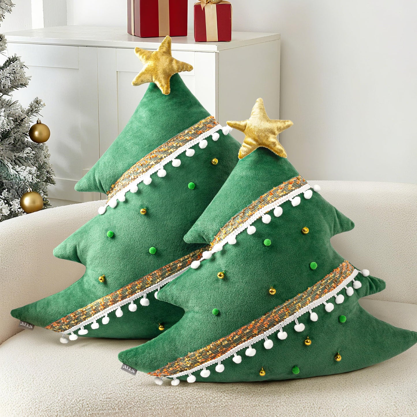 AELS Christmas Tree Decorative Throw Pillow, 19.6 & 15.7 Inch Holiday Throw Pillows for Christmas Decor, Plush Tree Shaped Decorative Pillows for Living Room Bedroom Sofa, Green