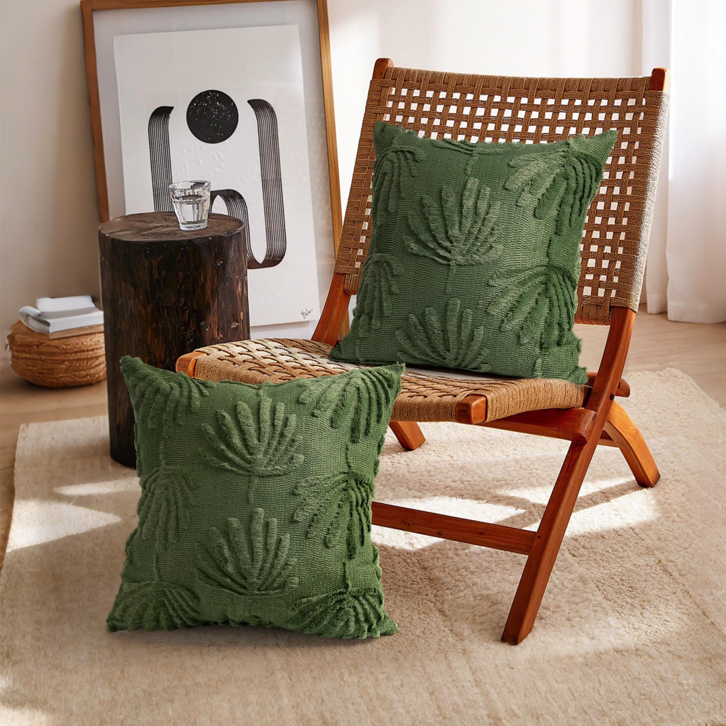 AELS Decorative Throw Pillow Covers 18x18, Set of 2, Modern Farmhouse Fan Palm Leaves Soft Plush Couch Pillow Case for Bed Couch Sofa, Green (Covers Only)
