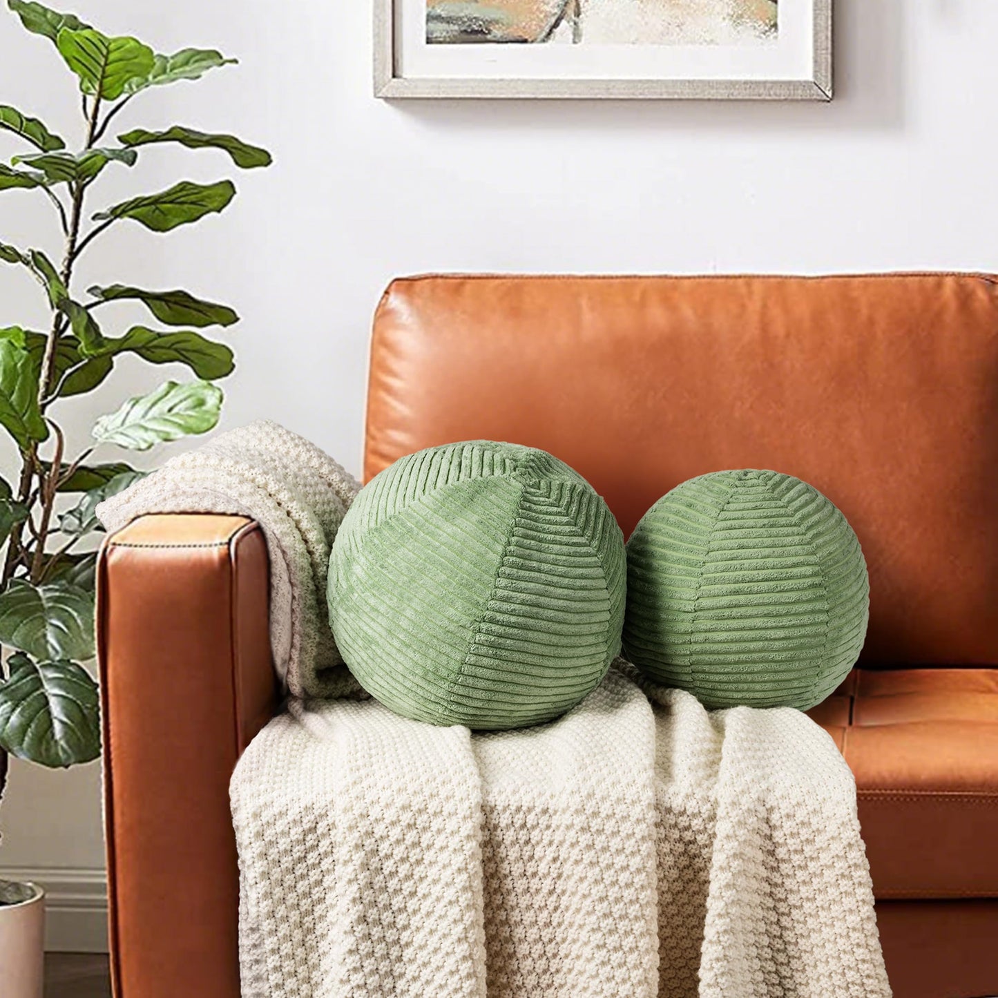 AELS Round Decorative Throw Pillows, Set of 2, 11.8"& 10" Corduroy Striped Ball Pillow Set for Couch Sofa Living Room Bedroom Nursery Decor, Mid Century Modern Home Decor, Sage Green