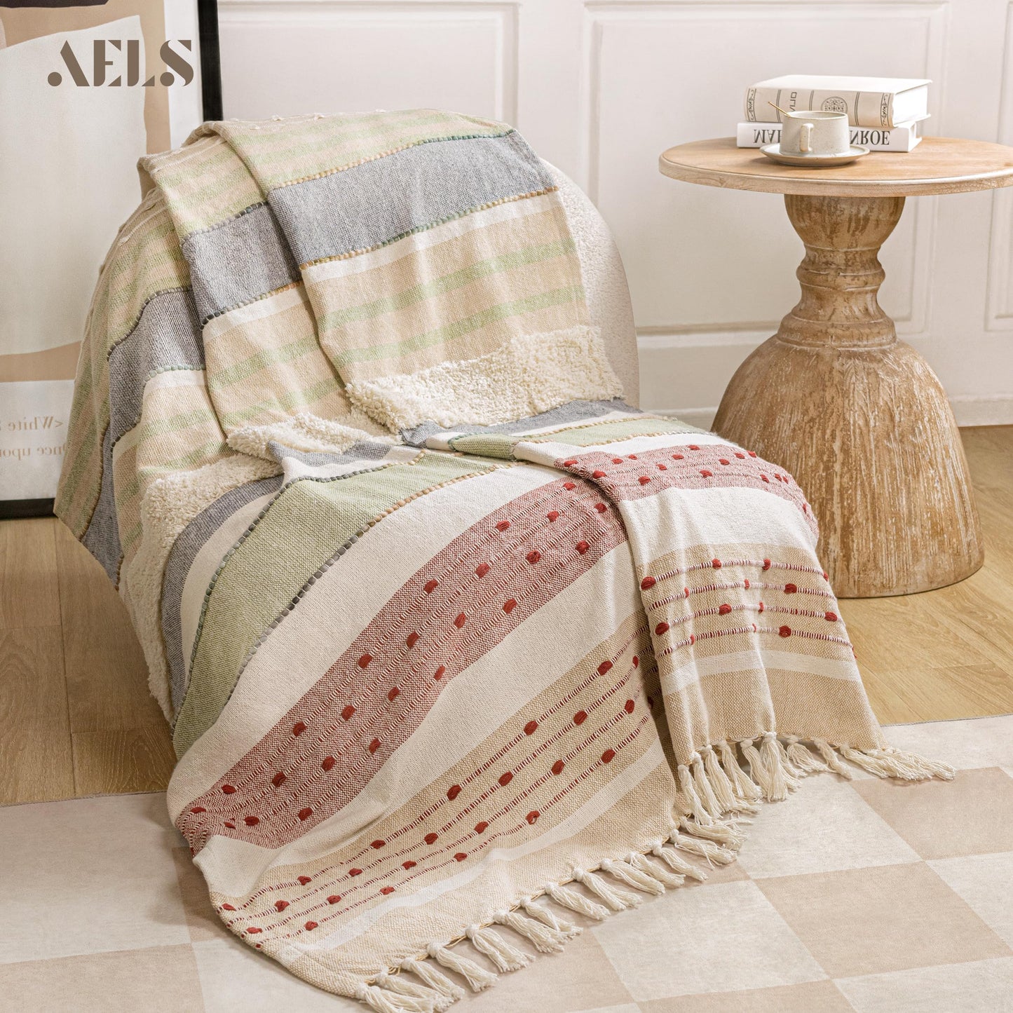 AELS Decorative Boho Striped Textured Throw Blanket with Fringes & Tassels 50" x 60" for Couch Sofa Bed, Mid Century Tufted Blanket, Beige & Sage Green, Fringed Bohimian Throw Blanket