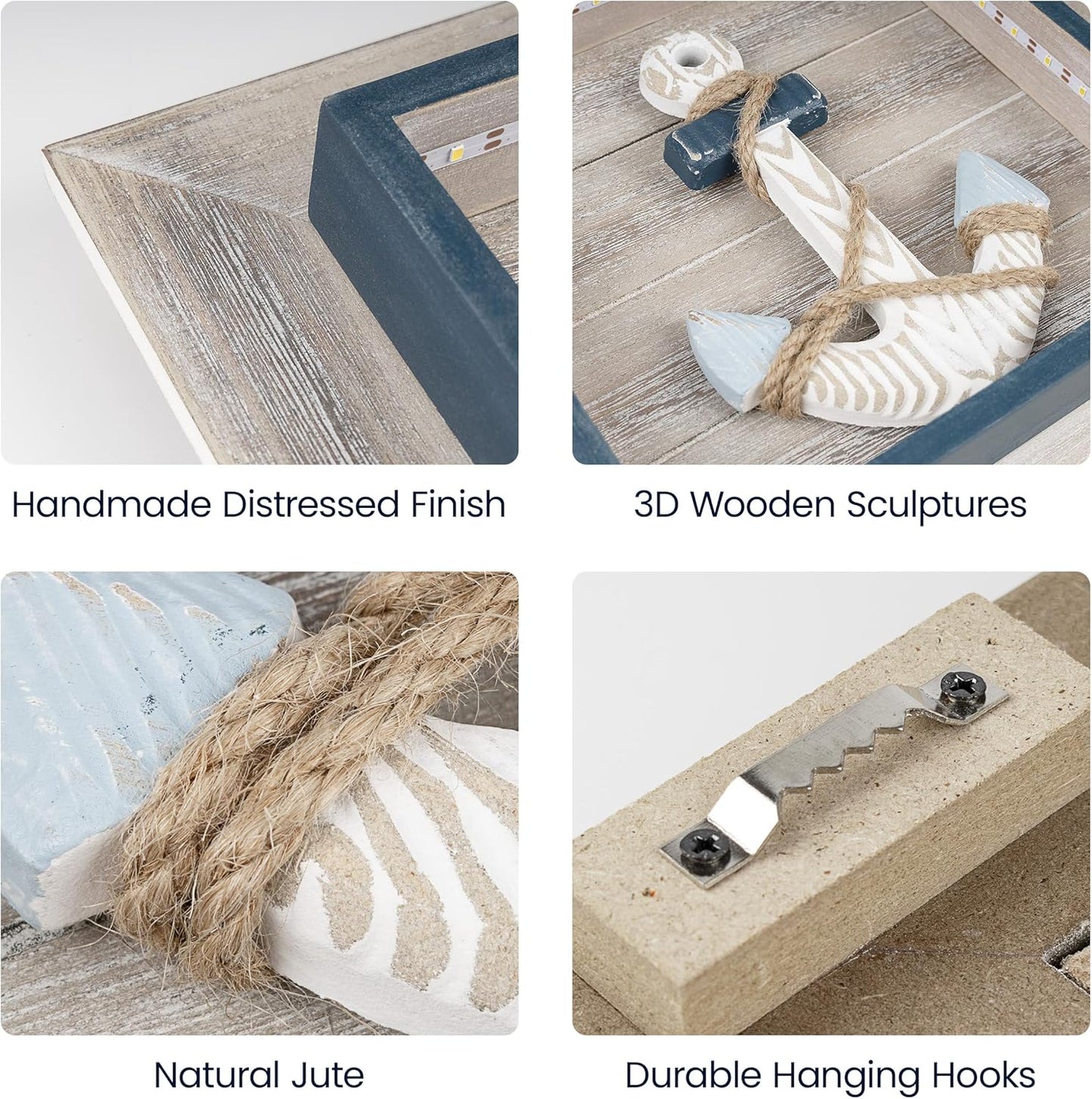 AELS 11.4" Large Wooden 3D Ocean Theme Wall Art Decor with LED Light, Rustic Nautical Wall Decor Framed Set of 2, Farmhouse Coastal Wall Art Sculpture, Shabby Chic Home Decor, Anchor & Life Ring