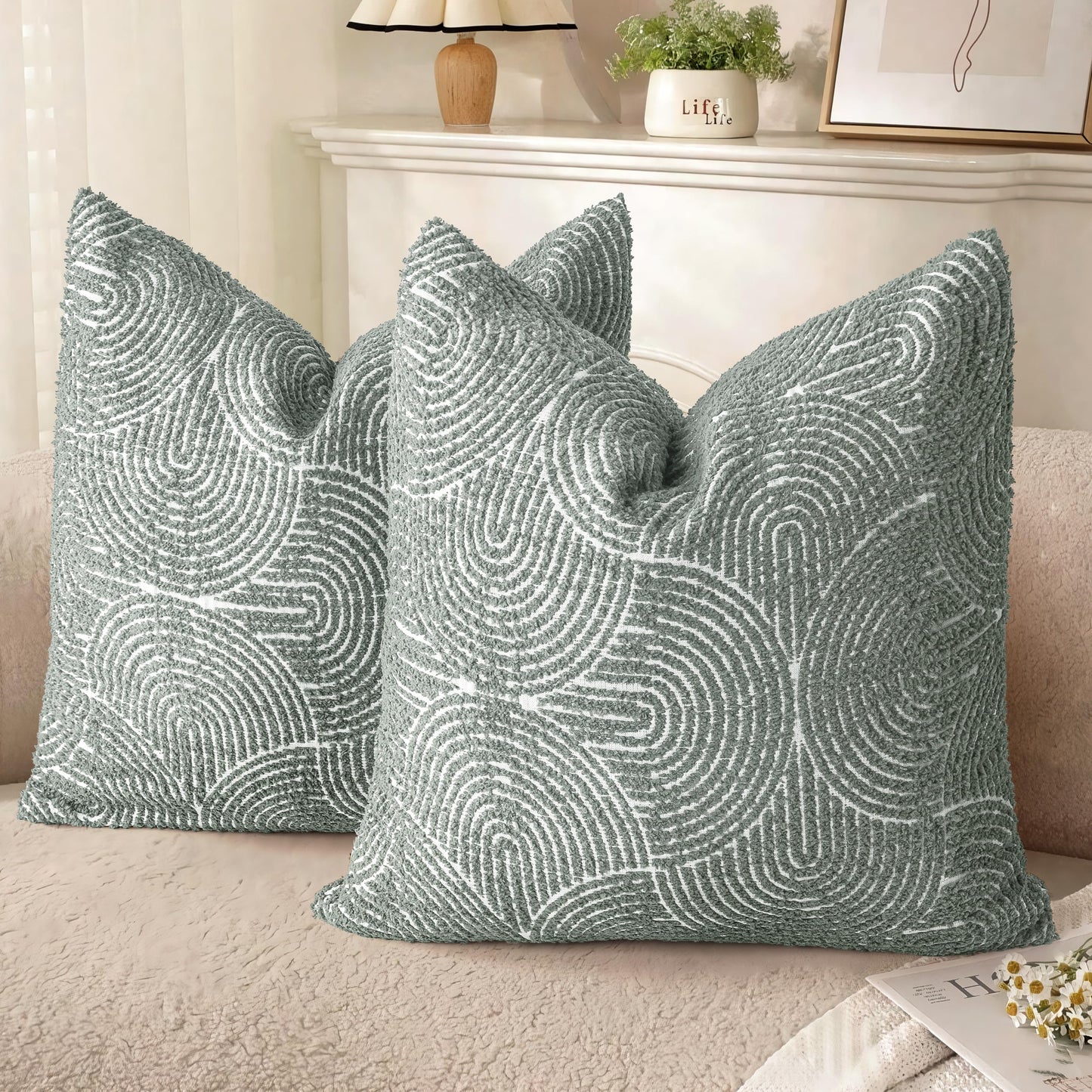 AELS Boho Decorative Textured Throw Pillow Covers 18x18, Modern Mid Century Rainbow Tufted Pillow Case, Farmhouse Rustic Geometric Woven Cushion Case for Bed Couch Sofa, Creamy White