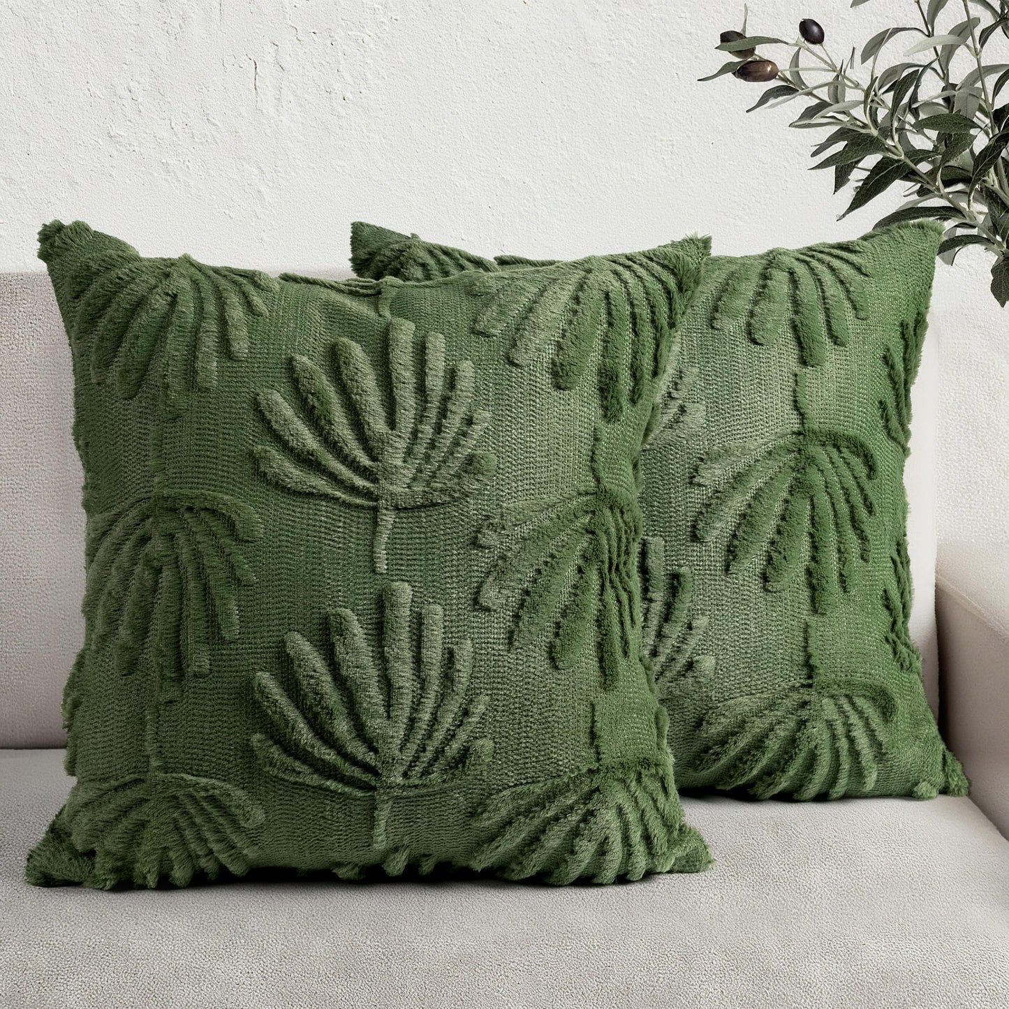 AELS Decorative Throw Pillow Covers 18x18, Set of 2, Modern Farmhouse Fan Palm Leaves Soft Plush Couch Pillow Case for Bed Couch Sofa, Green (Covers Only)