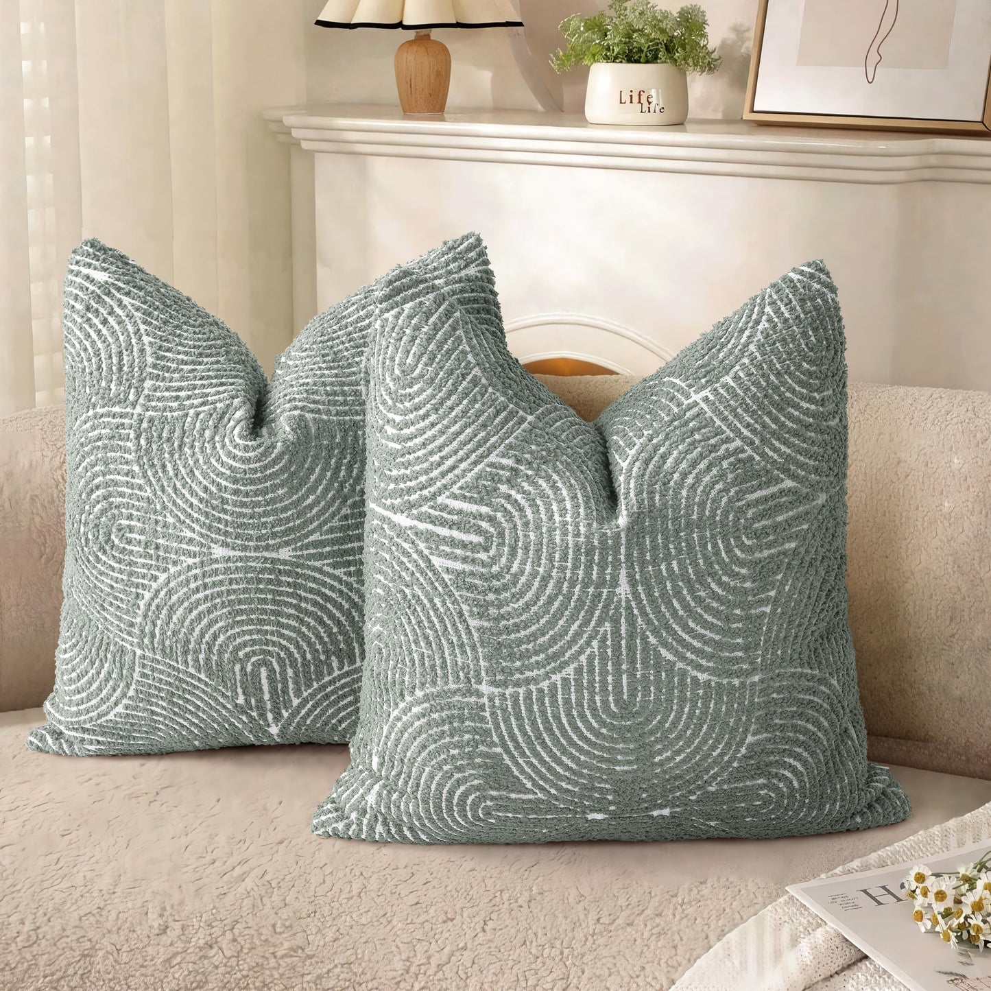 AELS Boho Decorative Textured Throw Pillow Covers 18x18, Modern Mid Century Rainbow Tufted Pillow Case, Farmhouse Rustic Geometric Woven Cushion Case for Bed Couch Sofa, Creamy White