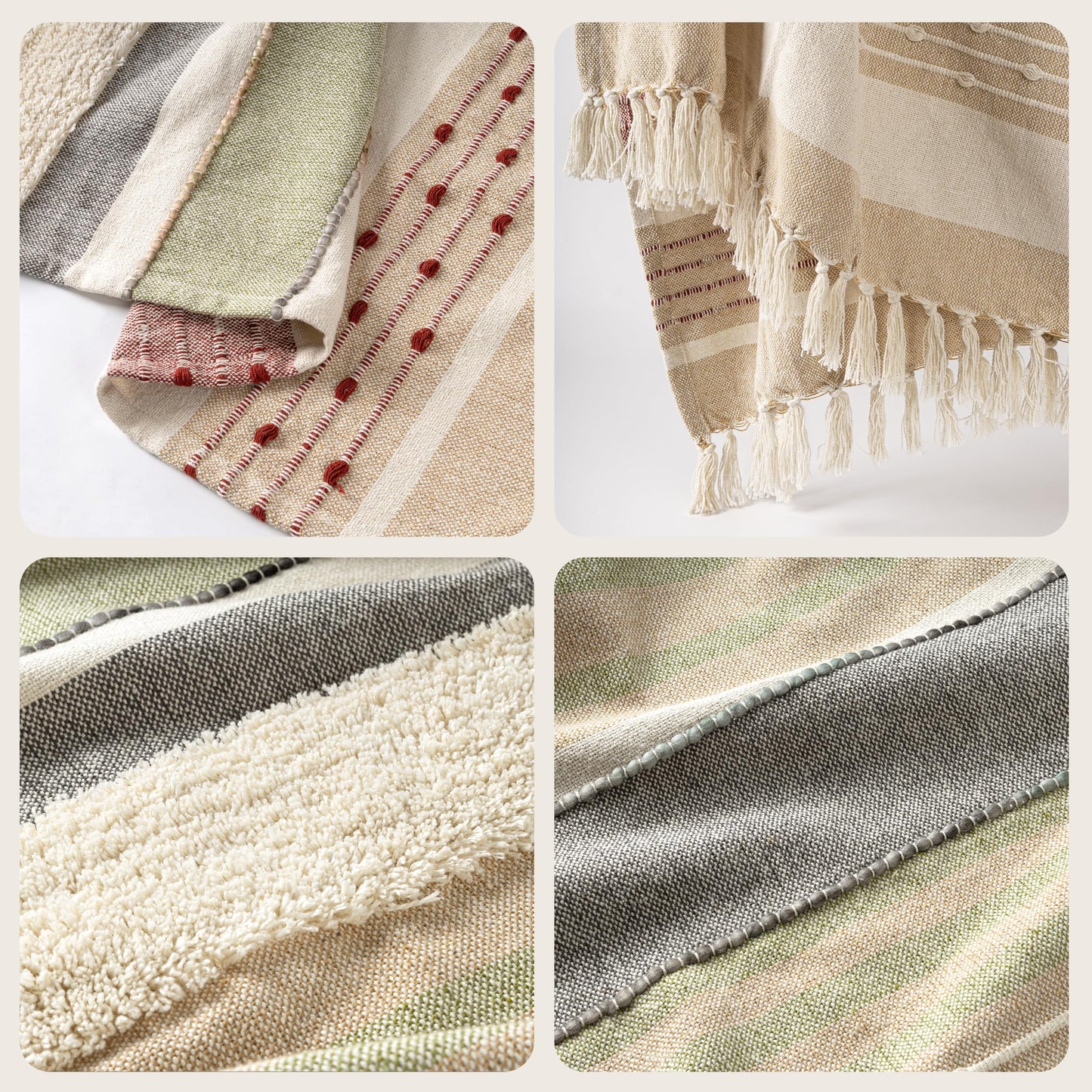 AELS Decorative Boho Striped Textured Throw Blanket with Fringes & Tassels 50" x 60" for Couch Sofa Bed, Mid Century Tufted Blanket, Beige & Sage Green, Fringed Bohimian Throw Blanket