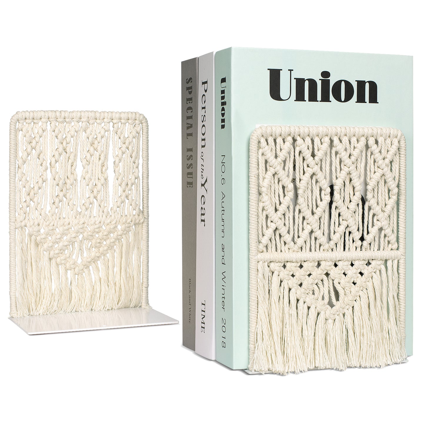 AELS Boho Macrame Bookends, Heavy Duty Metal Book Ends, Decorative Unique Bookend Supports for Shelves, Stopper for Books/Movies/CD, Farmhouse Decoration,Thanksgiving for Friends