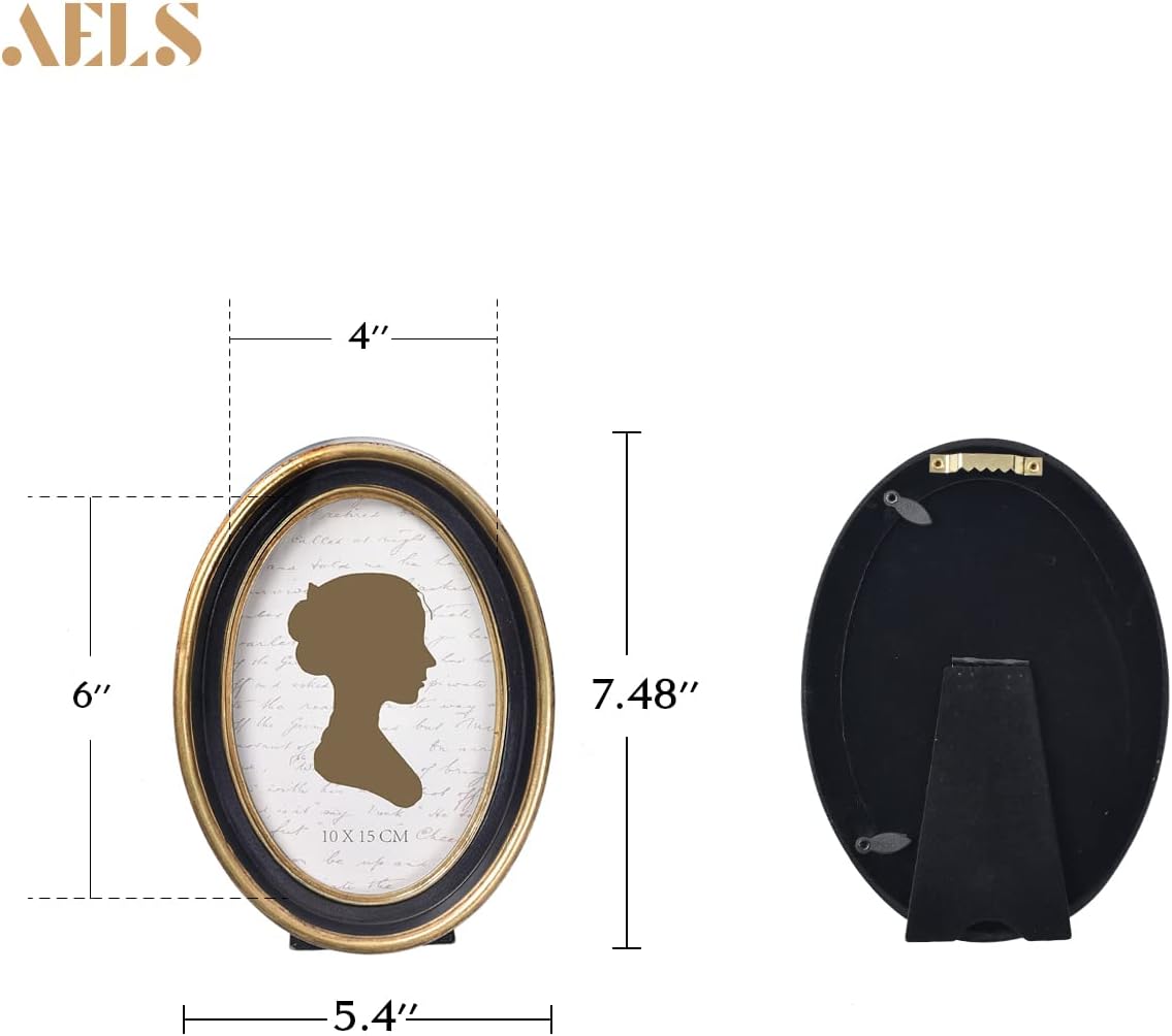 AELS 4x6 Inch Vintage Picture Frame, Elegant Antique Photo Frames with Glass Front, Photo Display, Tabletop Wall Hanging, Gift Ideas, Black Oval with Gold Trim