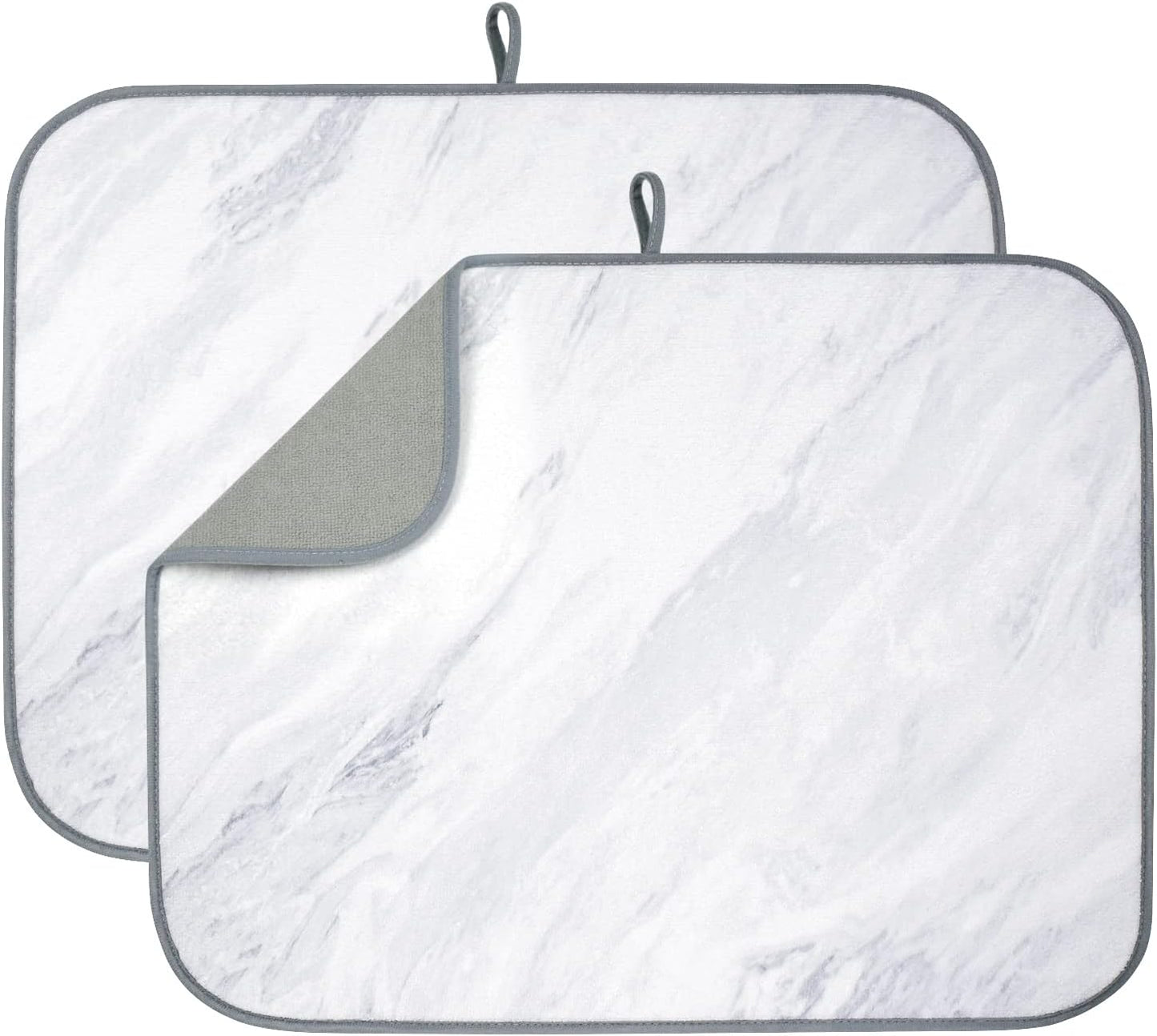 AELS XL 24" x 18" Dish Drying Mat, Set of 2, for Kitchen Counter, White Marble Reversible Absorbent Microfiber Dish Drainer/Rack Pads with Hanging Loop