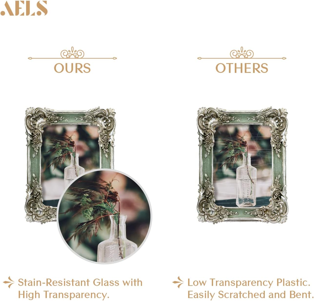 AELS 5x7 Inch Vintage Picture Frame, Elegant Antique Photo Frames with Glass Front, Photo Display, Tabletop Wall Hanging, Gift Ideas, Silver and Green