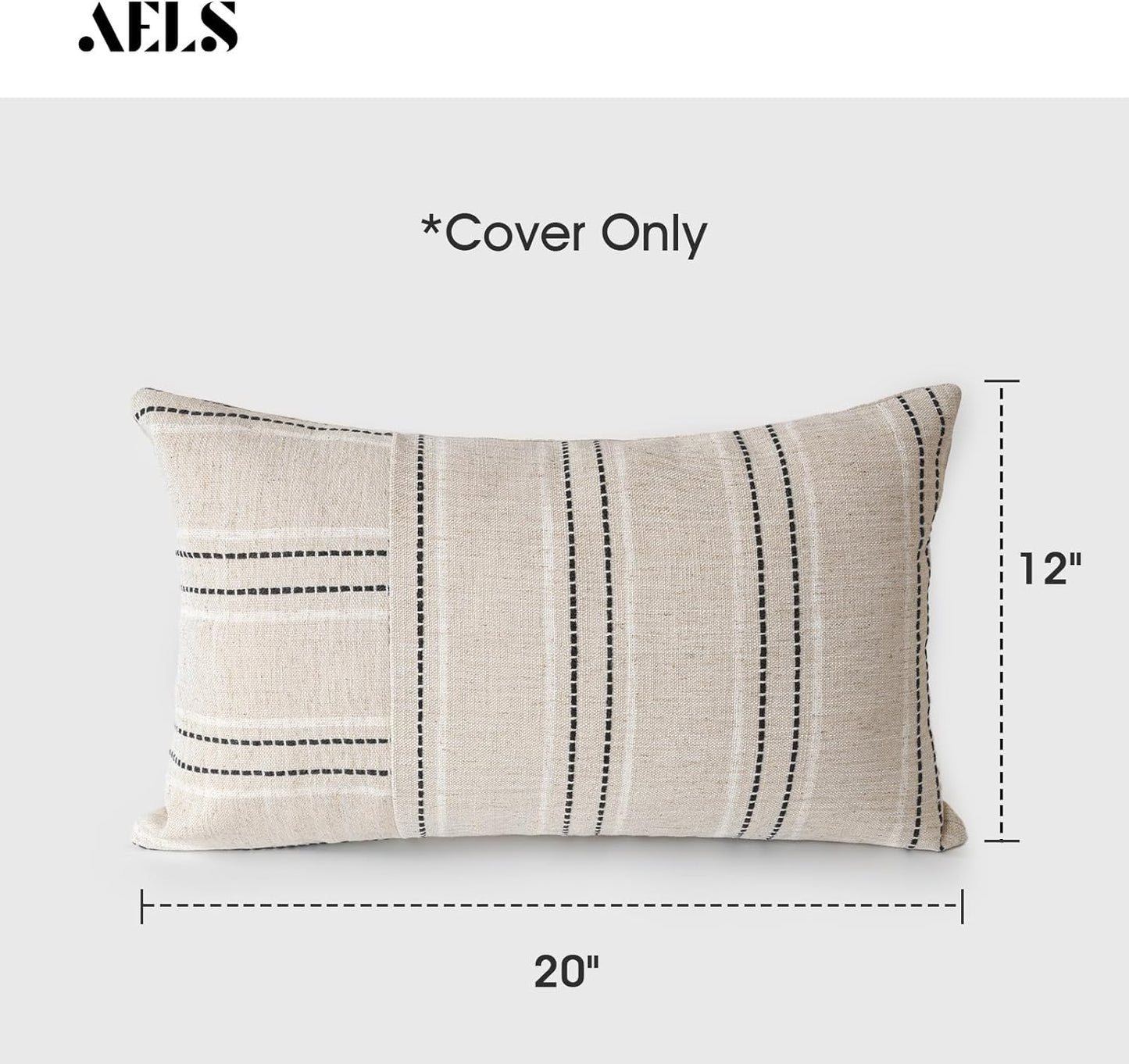 AELS 12x20 Decorative Farmhouse Linen Throw Pillow Covers, Boho Rectangle Lumbar Pillow Case, Set of 2, Beige with Navy Blue Stripe Patchwork Cushion Cover for Sofa Couch Living Room (Cover ONLY)