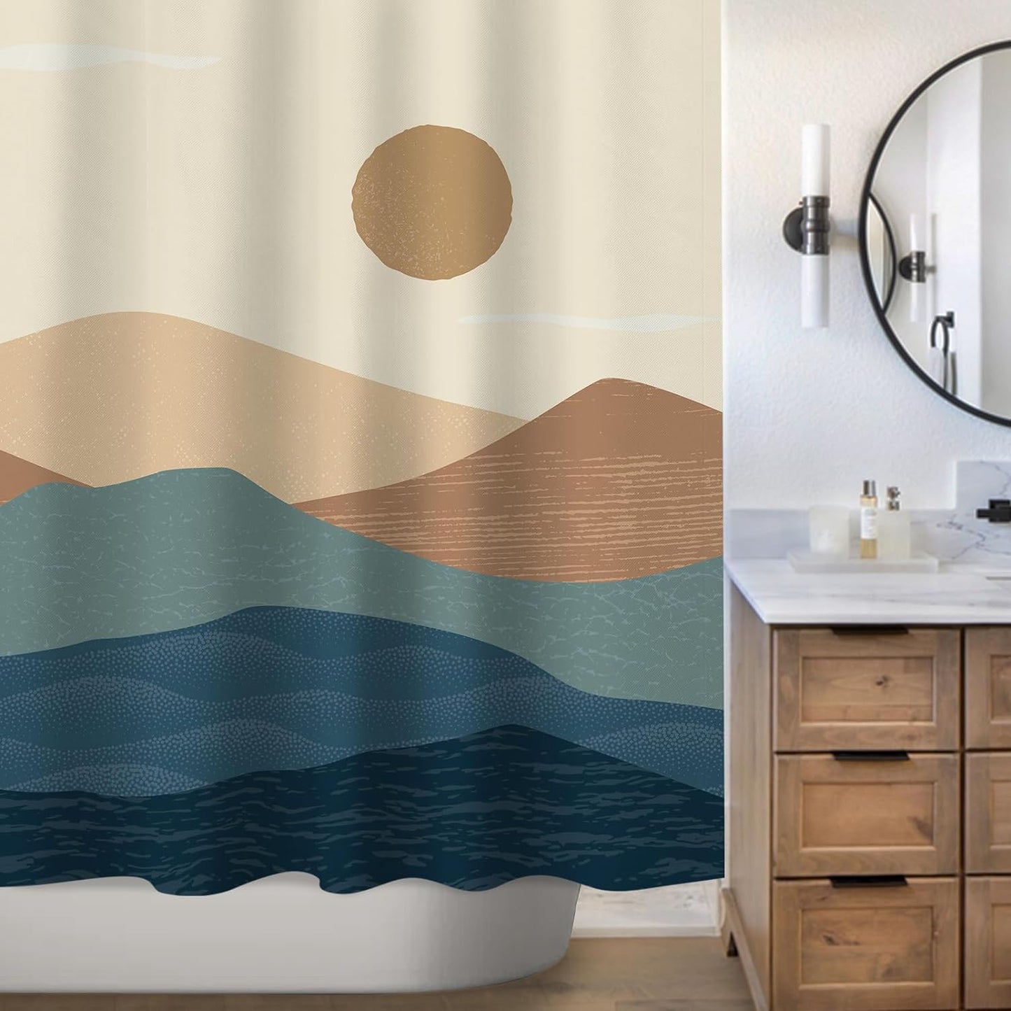 AELS Boho Shower Curtain, Modern Mid Century Curtains with 12 Hooks, Abstract Minimalist Fabric Beige Shower Curtain Set for Bathroom Decor Bohemian Home Decor