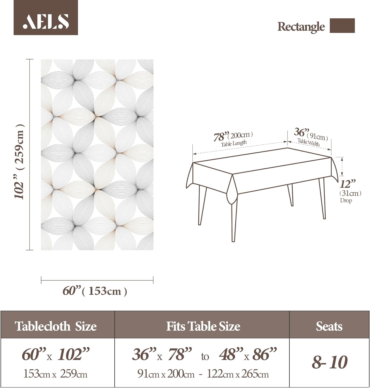 AELS Vinyl Coated Fabric 60x84 inch Tablecloth, Waterproof Oil-Proof Stain Resistant Washable Printed Indoor Table Cover, Decorative Rectangle Table Cloths for Dining Room, Party, Flower