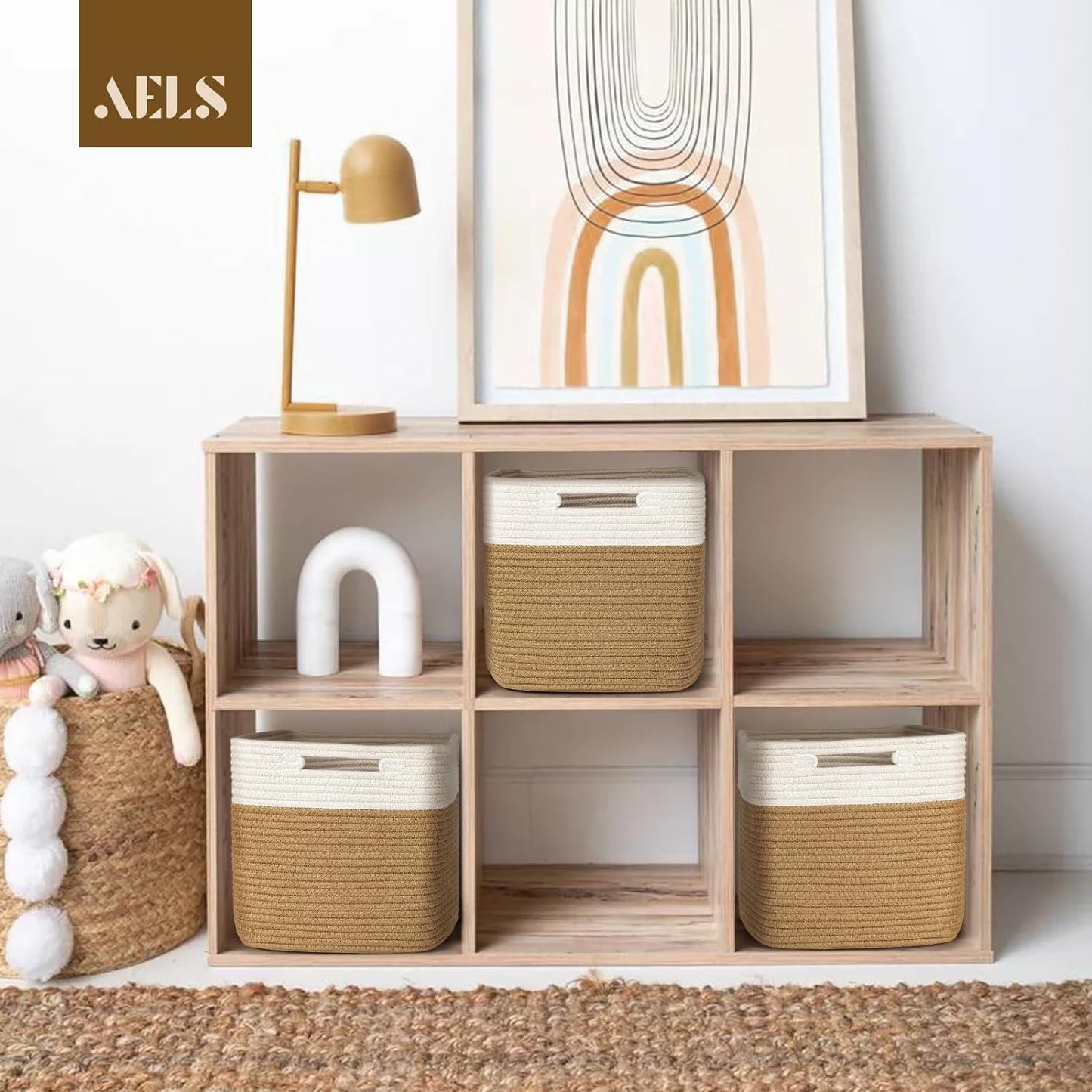 AELS Hand Woven Cotton Basket for Storage, Cube Storage Bins with Handles, Foldable Collapsible Closet Organizers and Storage, Boho Farmhouse Storage Cubes for Shelves, Beige