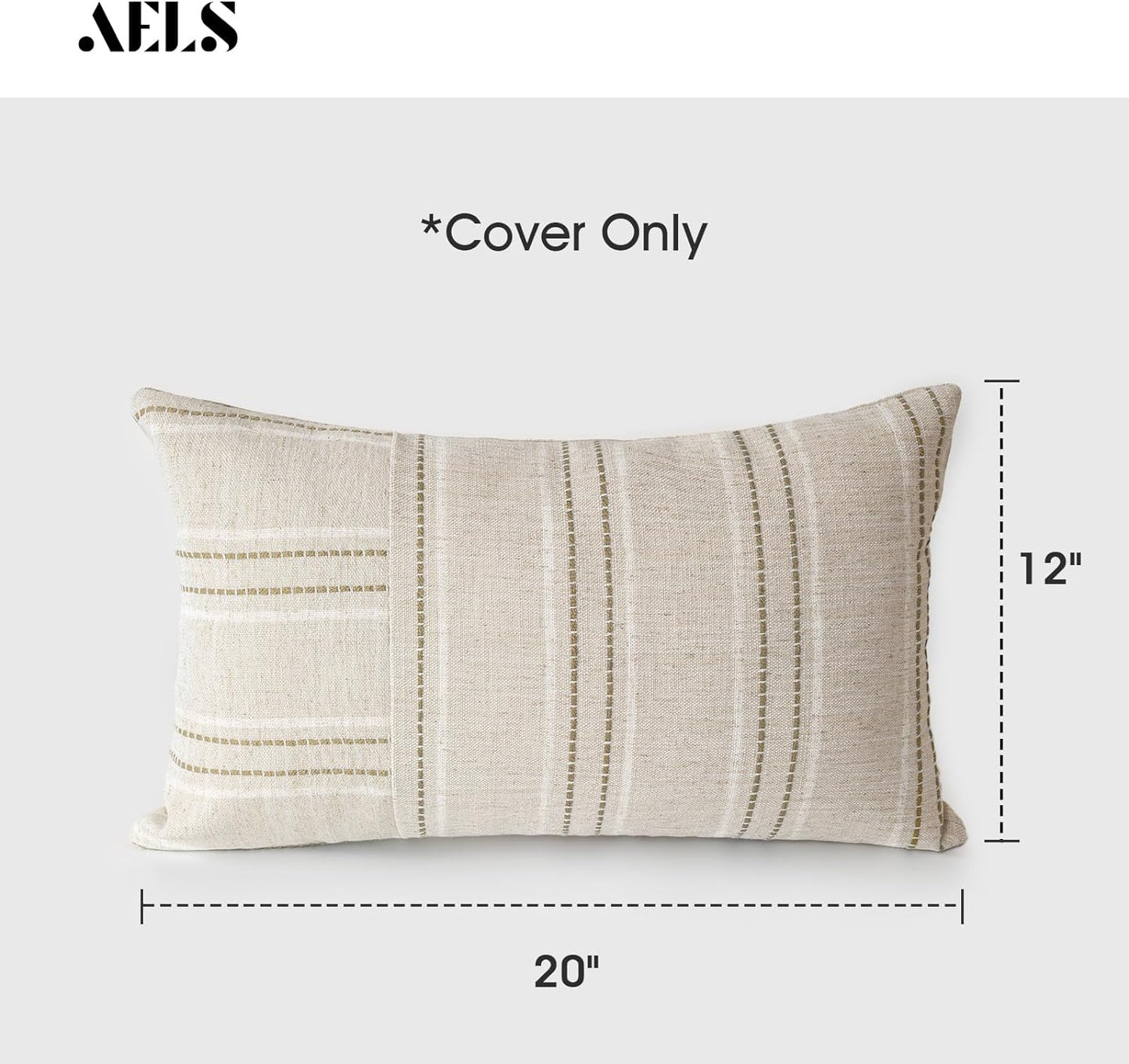 AELS 12x20 Decorative Farmhouse Linen Throw Pillow Covers, Boho Rectangle Lumbar Pillow Case, Set of 2, Beige with Navy Blue Stripe Patchwork Cushion Cover for Sofa Couch Living Room (Cover ONLY)