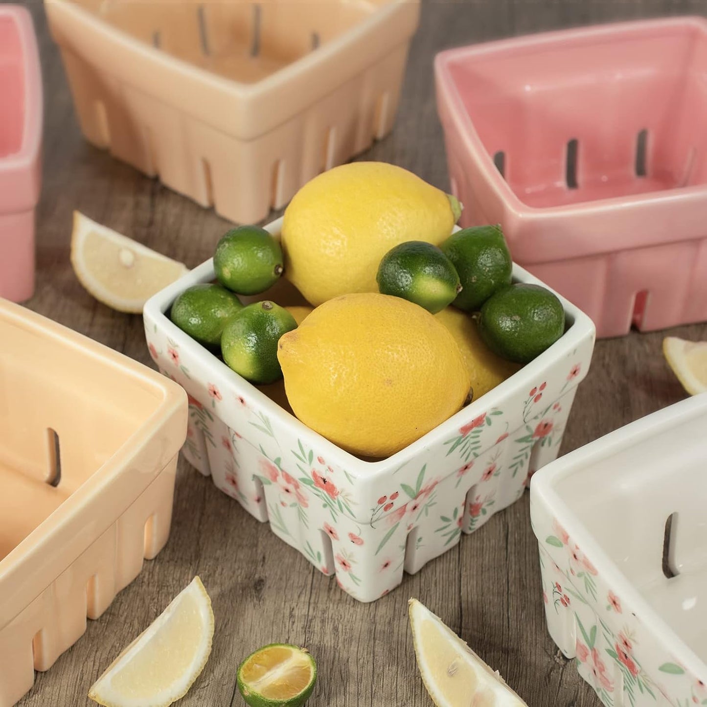AELS Ceramic Berry Basket, Farmhouse Fruit Bowl Container for Fruit & Vegetables, Farmers Market, Pink Floral Pattern, Kitchen Decor, Stoneware Harvest Bowls, Set of 4