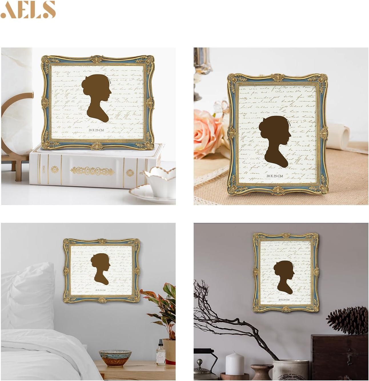 AELS 5x7 Inch Vintage Picture Frame, Elegant Antique Photo Frames with Glass Front, Photo Display, Tabletop Wall Hanging, Gift Ideas, Gold and Green