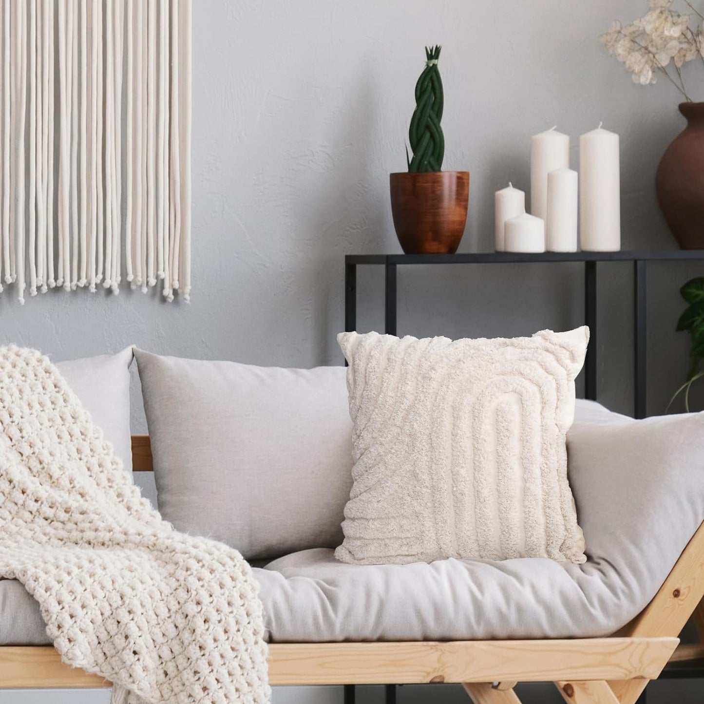 AELS Boho Decorative Textured Throw Pillow Covers 18x18, Modern Abstract Mid Century Rainbow Tufted Pillow Case, Farmhouse Rustic Neutral Woven Cushion Case for Bed Couch Sofa, Creamy White