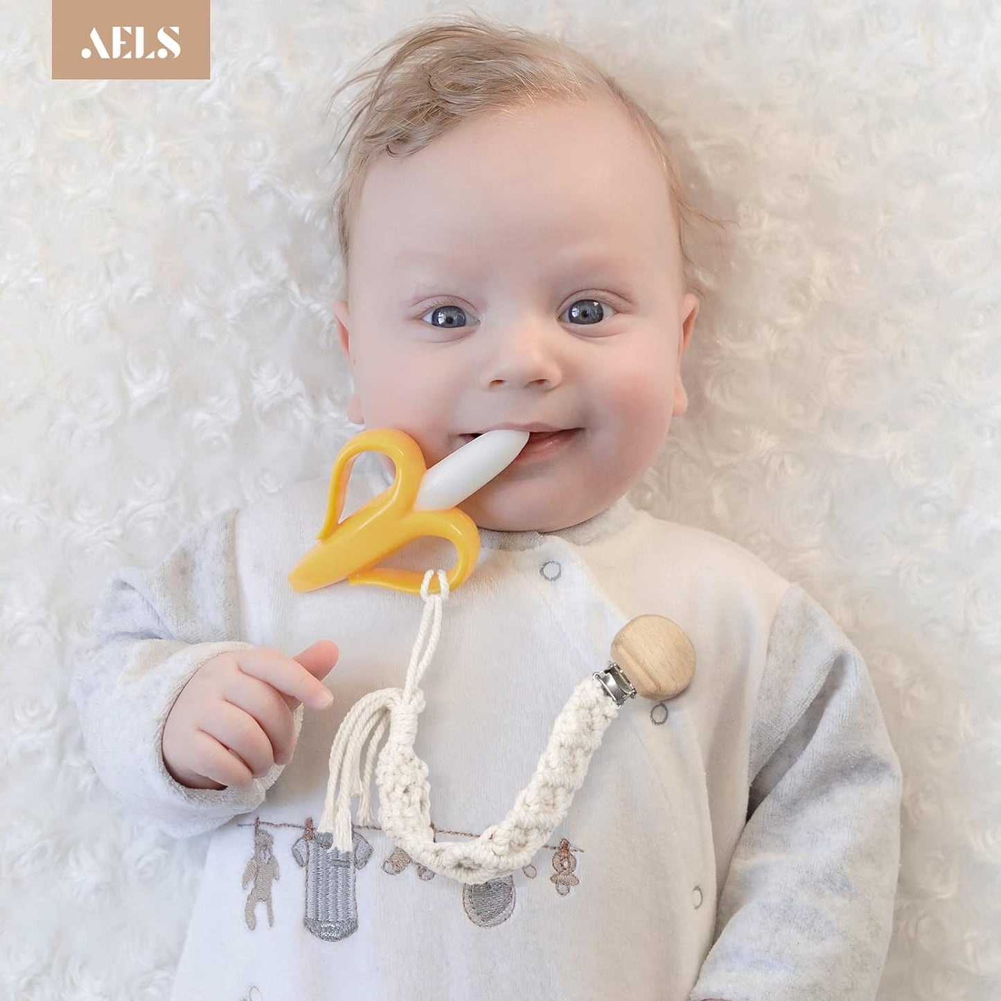AELS 11.8" Macrame Baby Pacifier Clip, Set of 5, Natural Pacifier Holder Teething Clips for Boys Girls Infant Baby, Boho Style Handmade Cotton Rope