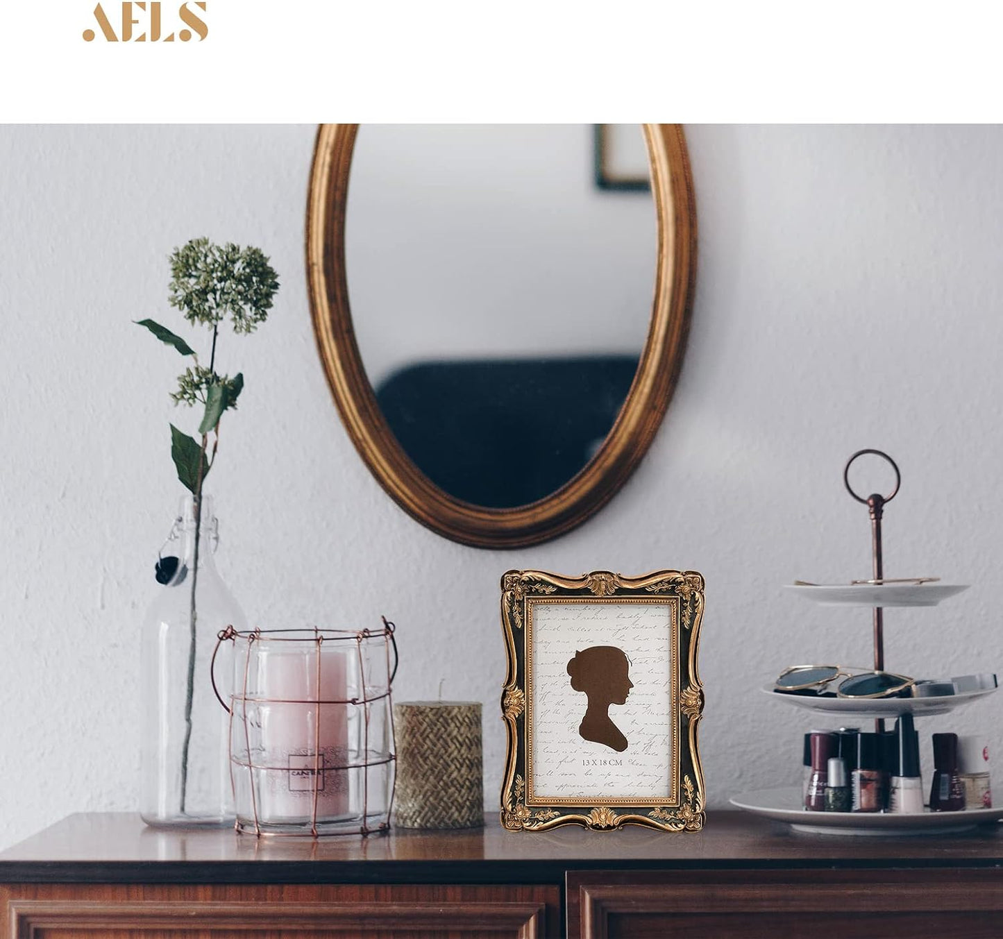 AELS 5x7 Inch Vintage Picture Frame, Elegant Antique Photo Frames with Glass Front, Photo Display, Tabletop Wall Hanging, Gift Ideas, Gold and Green