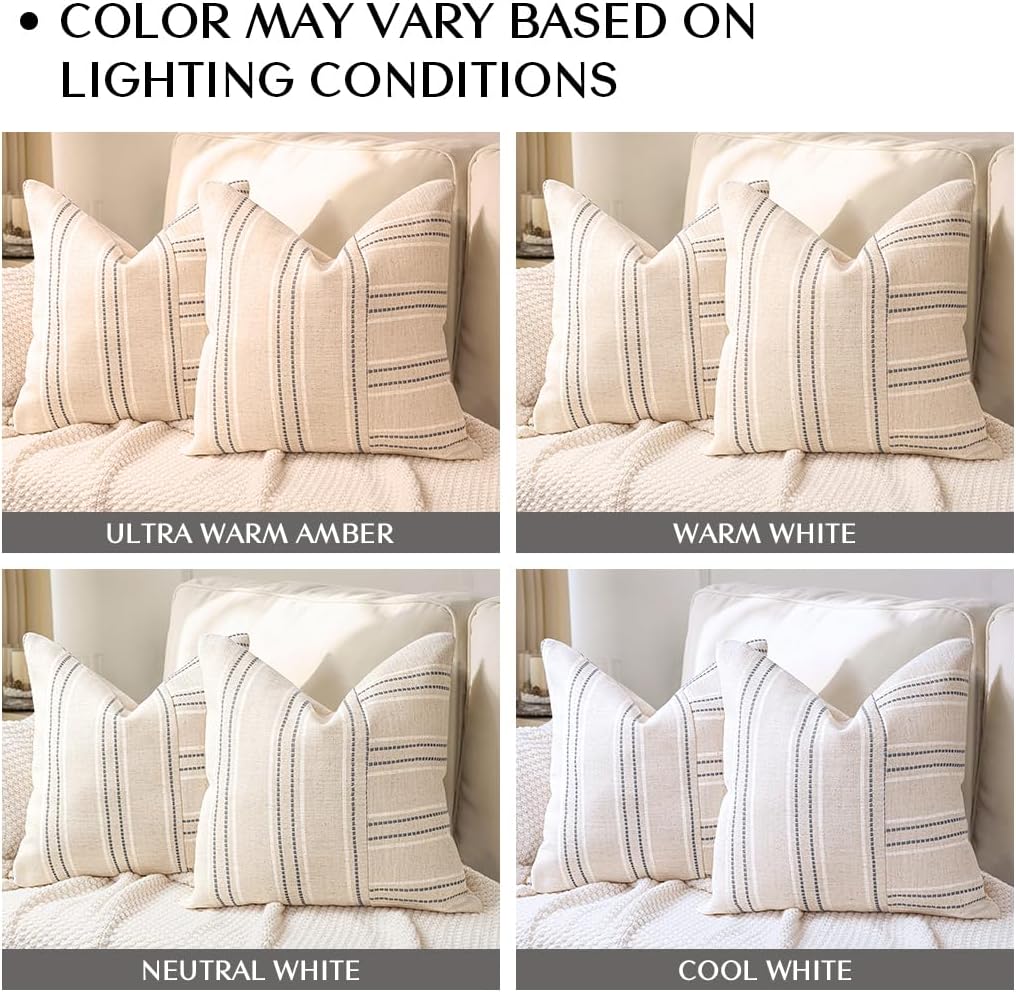 AELS 12x20 Decorative Farmhouse Linen Throw Pillow Covers, Boho Rectangle Lumbar Pillow Case, Set of 2, Beige with Navy Blue Stripe Patchwork Cushion Cover for Sofa Couch Living Room (Cover ONLY)