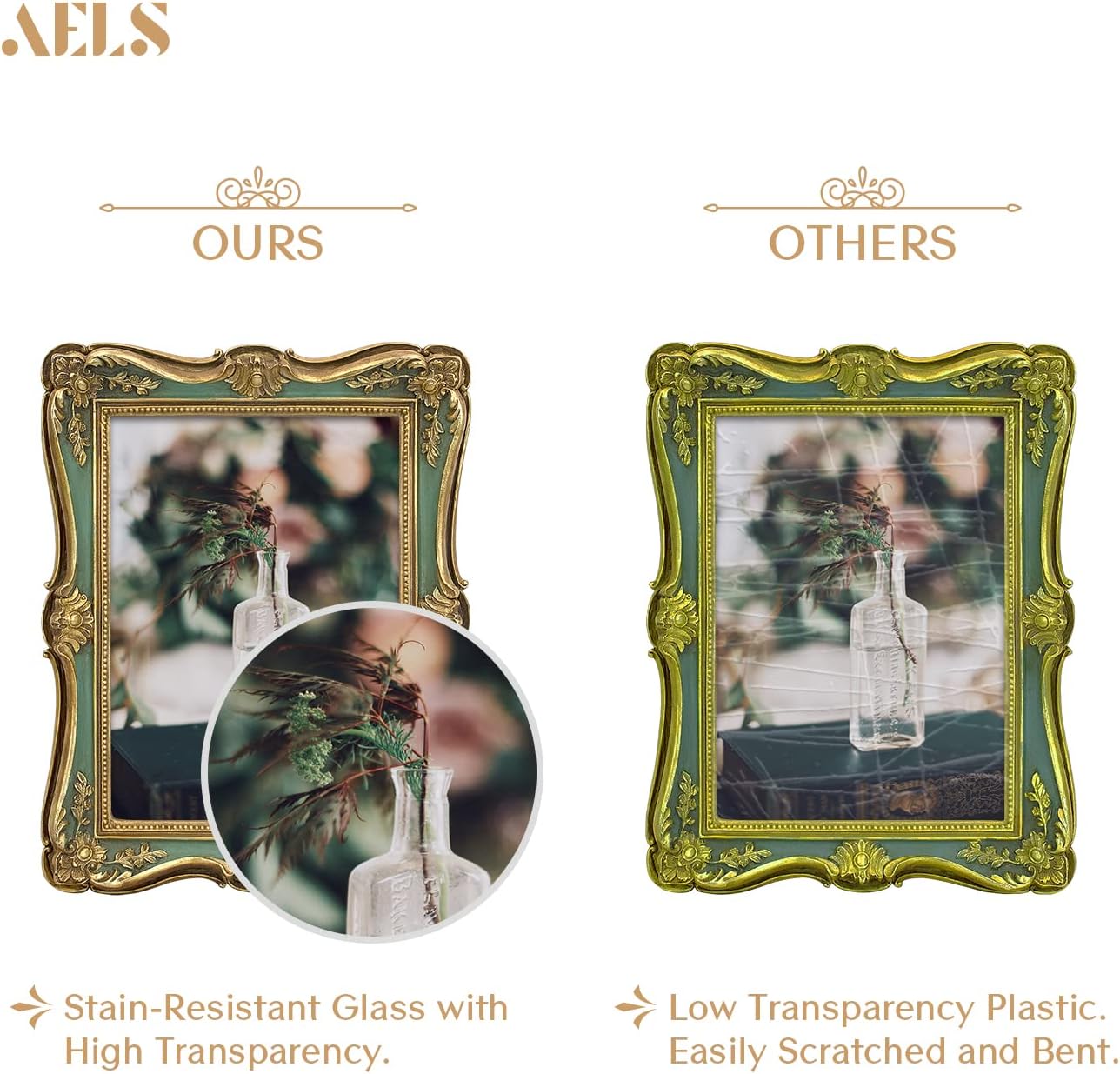 AELS 5x7 Inch Vintage Picture Frame, Elegant Antique Photo Frames with Glass Front, Photo Display, Tabletop Wall Hanging, Gift Ideas, Gold and Green