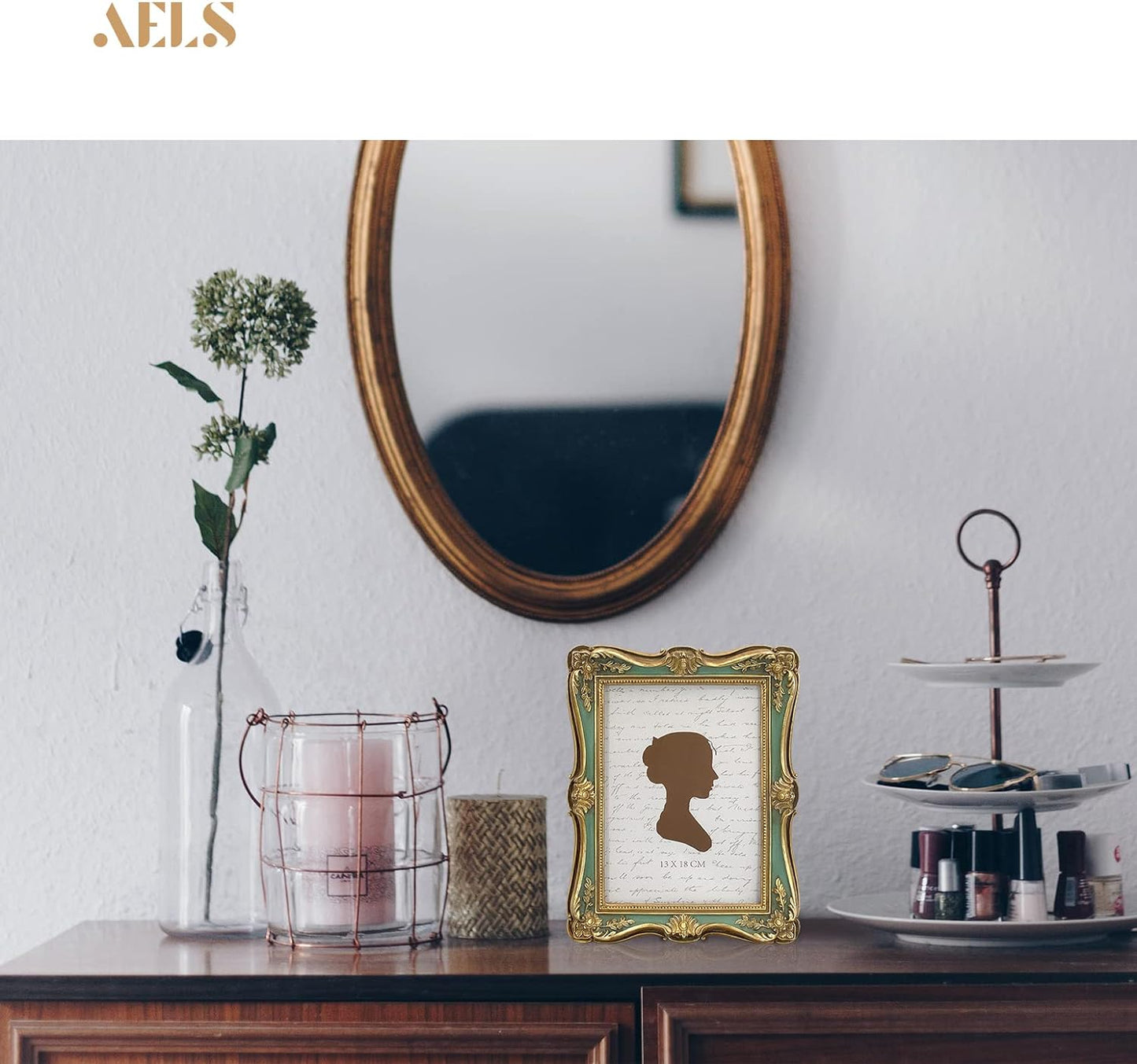AELS 5x7 Inch Vintage Picture Frame, Elegant Antique Photo Frames with Glass Front, Photo Display, Tabletop Wall Hanging, Gift Ideas, Gold and Green