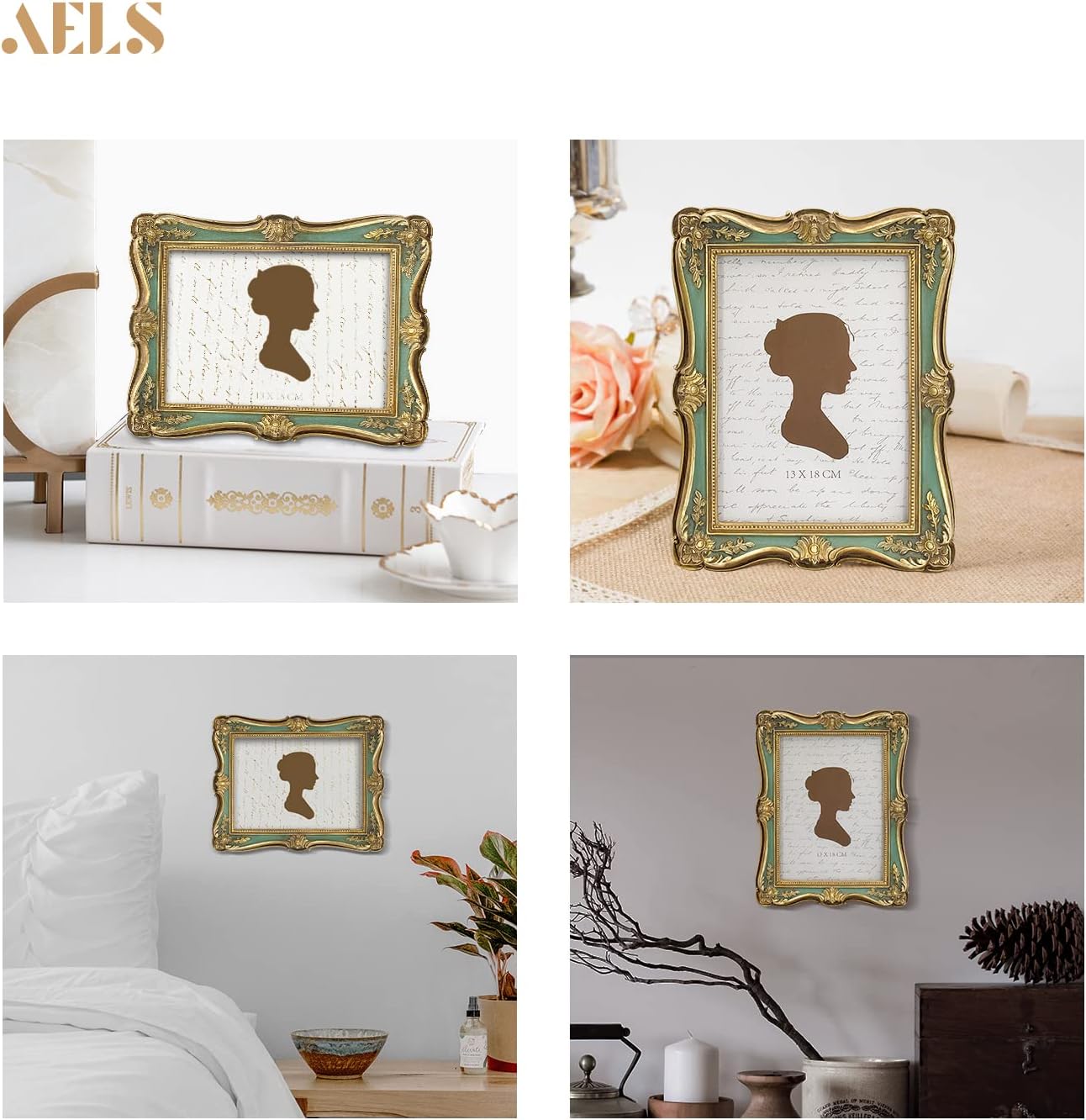 AELS 5x7 Inch Vintage Picture Frame, Elegant Antique Photo Frames with Glass Front, Photo Display, Tabletop Wall Hanging, Gift Ideas, Gold and Green