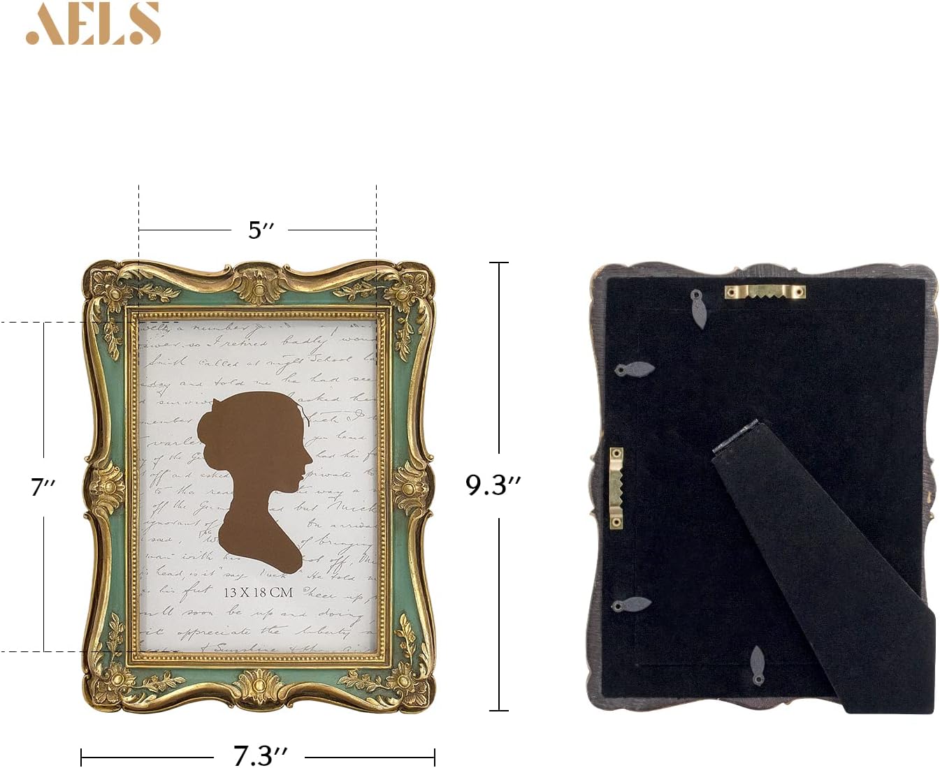 AELS 5x7 Inch Vintage Picture Frame, Elegant Antique Photo Frames with Glass Front, Photo Display, Tabletop Wall Hanging, Gift Ideas, Gold and Green