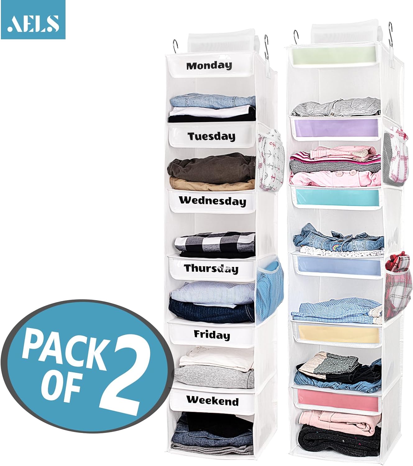 AELS 6-Shelf Weekly Clothes Organizer Set of 2, Hanging Closet Organizer for Kids & Adults, Monday Through Friday with Visual Label, Prepare & Organize Clothing, Shoes & After School Activities