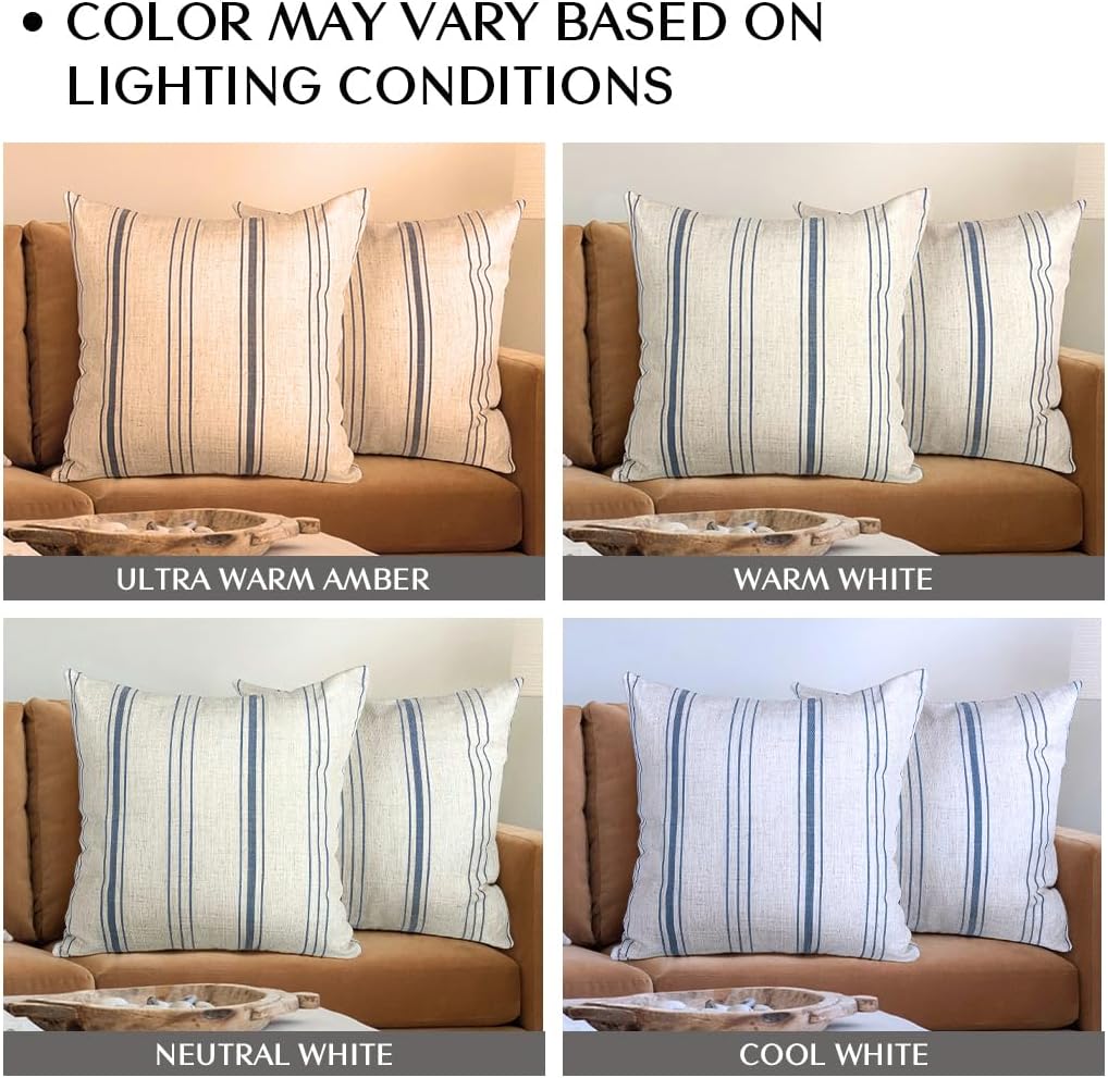 AELS 18x18 Decorative Farmhouse Throw Pillow Covers, Modern Square Pillow Case, Set of 2 Off White with Navy Blue Stripes Textured Linen Cushion Cover for Sofa Couch Living Room (Cover ONLY)