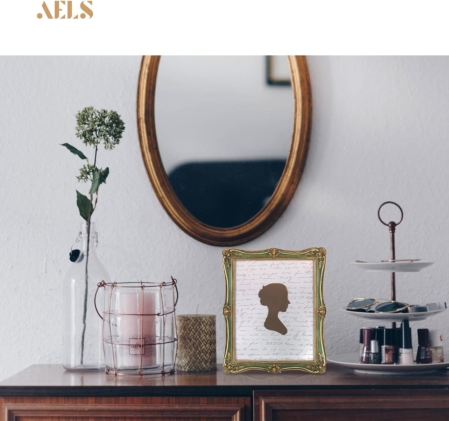 AELS 5x7 Inch Vintage Picture Frame, Elegant Antique Photo Frames with Glass Front, Photo Display, Tabletop Wall Hanging, Gift Ideas, Gold and Green