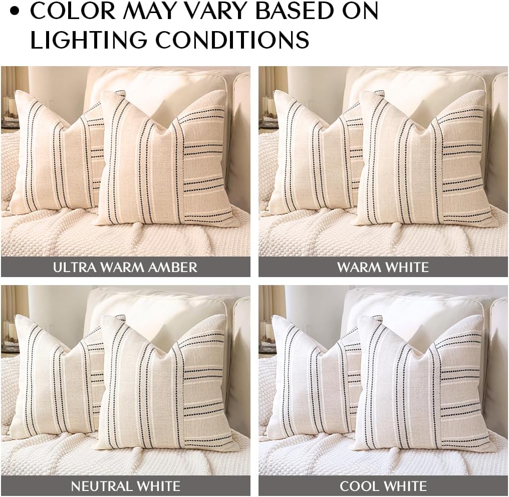 AELS 12x20 Decorative Farmhouse Linen Throw Pillow Covers, Boho Rectangle Lumbar Pillow Case, Set of 2, Beige with Navy Blue Stripe Patchwork Cushion Cover for Sofa Couch Living Room (Cover ONLY)