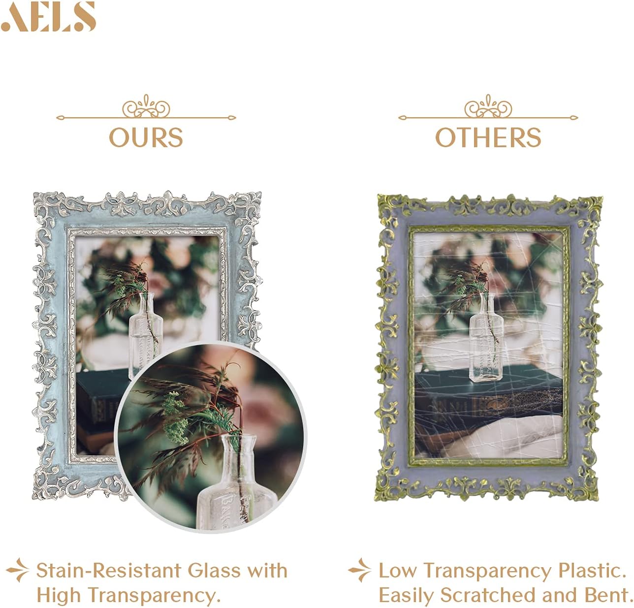 AELS 4x6 Inch Vintage Picture Frame, Elegant Antique Photo Frames with Glass Front, Photo Display, Tabletop Wall Hanging, Gift Ideas, Vine Pattern