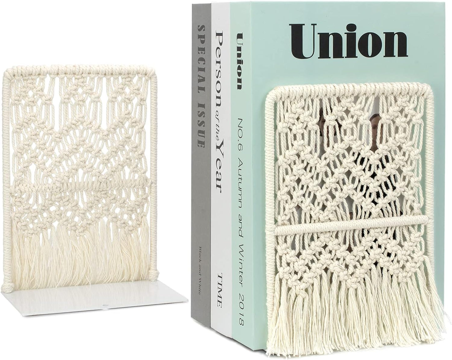AELS Boho Macrame Bookends, Heavy Duty Metal Book Ends, Decorative Unique Bookend Supports for Shelves, Stopper for Books/Movies/CD, Farmhouse Decoration,Thanksgiving for Friends
