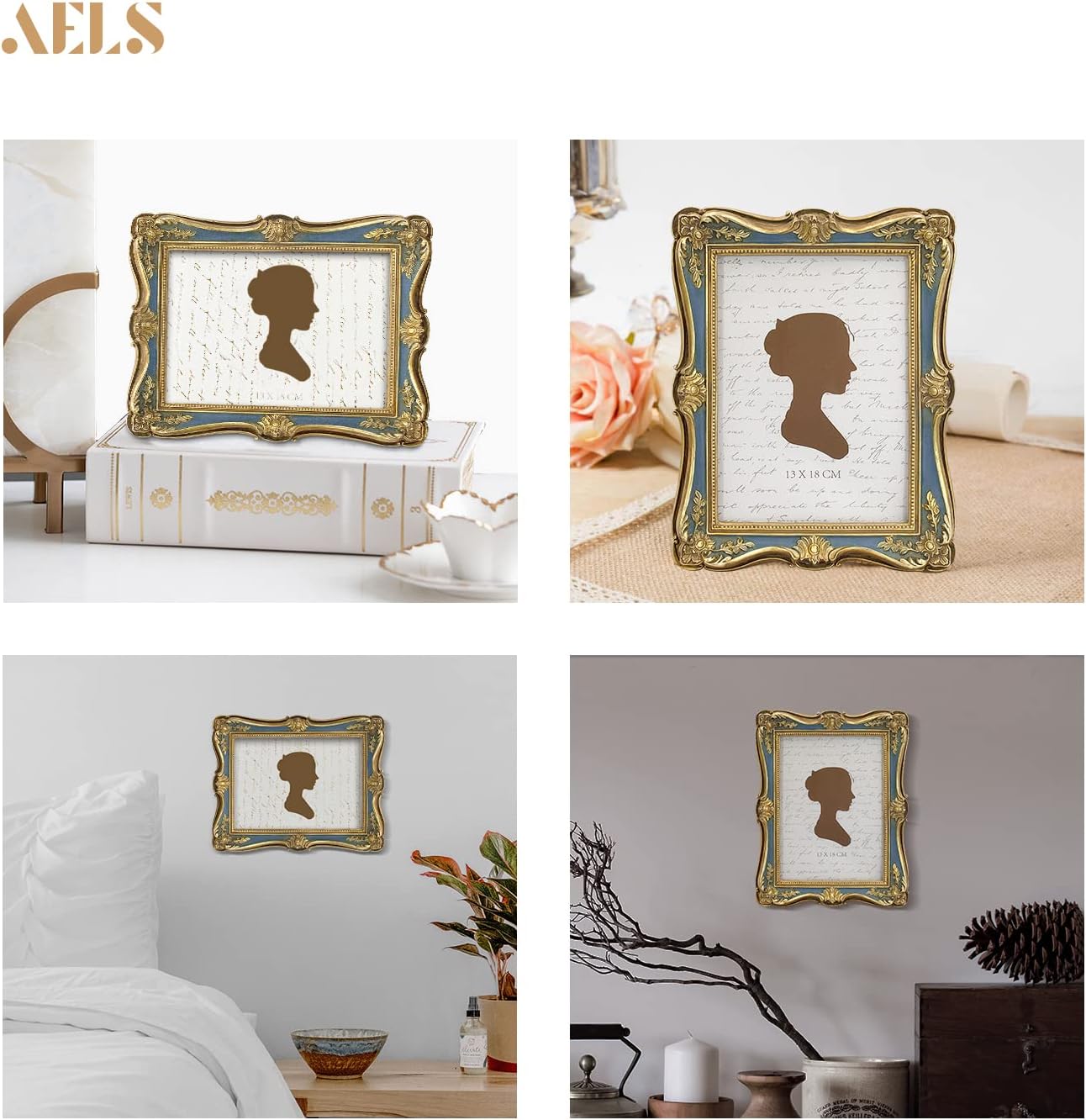 AELS 5x7 Inch Vintage Picture Frame, Elegant Antique Photo Frames with Glass Front, Photo Display, Tabletop Wall Hanging, Gift Ideas, Gold and Green