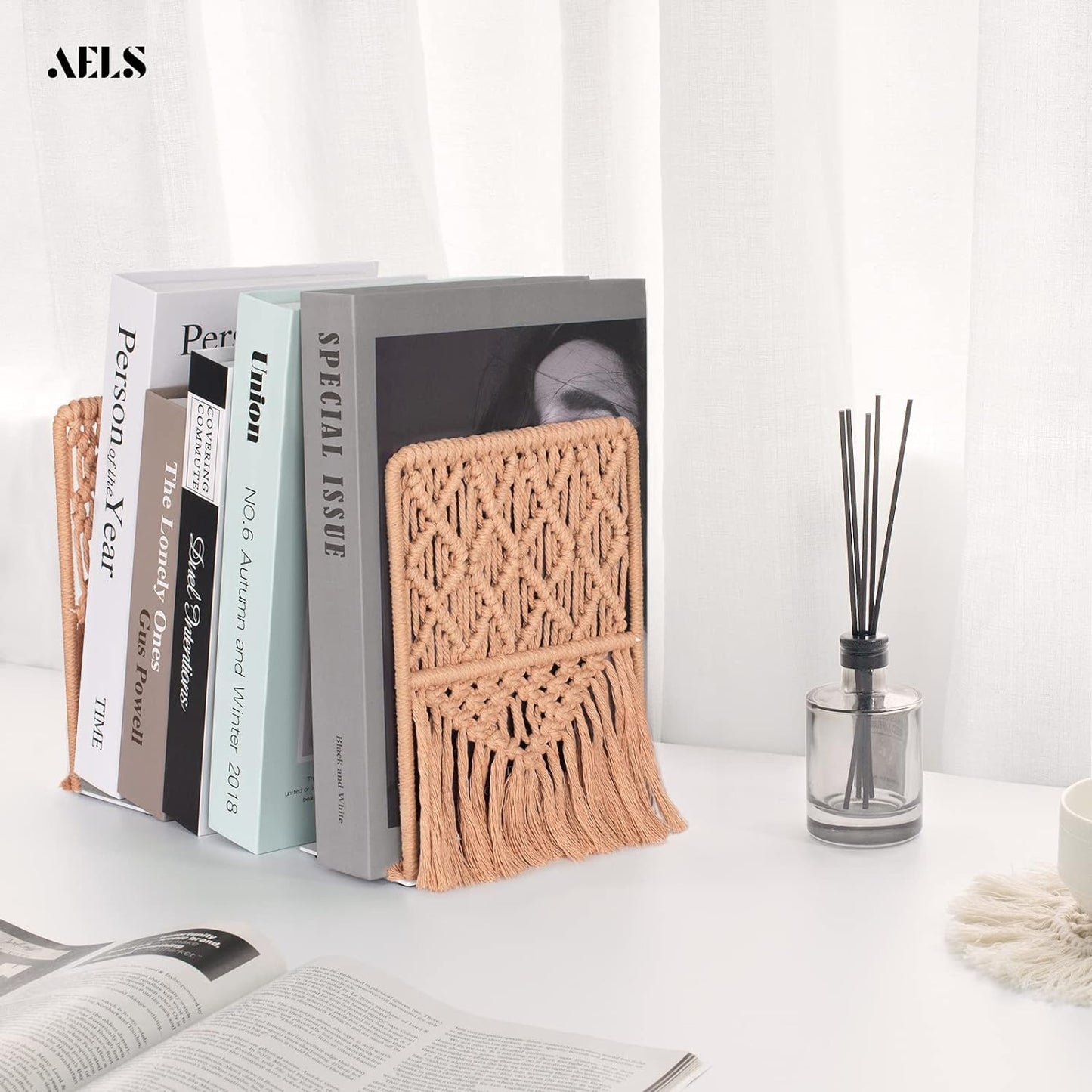 AELS Boho Macrame Bookends, Heavy Duty Metal Book Ends, Decorative Unique Bookend Supports for Shelves, Stopper for Books/Movies/CD, Farmhouse Decoration,Thanksgiving for Friends
