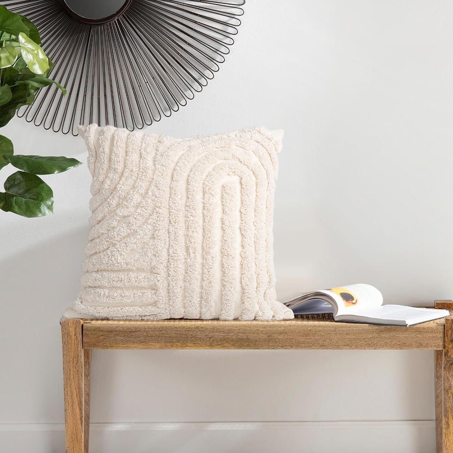 AELS Boho Decorative Textured Throw Pillow Covers 18x18, Modern Abstract Mid Century Rainbow Tufted Pillow Case, Farmhouse Rustic Neutral Woven Cushion Case for Bed Couch Sofa, Creamy White